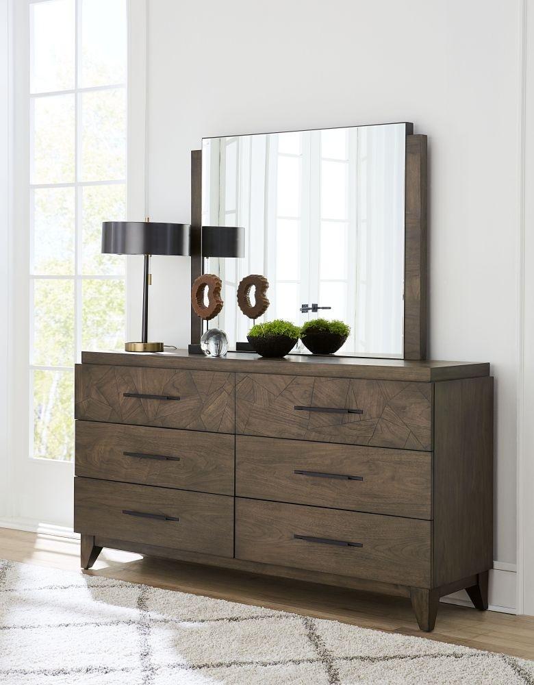 

    
Mid-Century Wild Oats Brown Dresser & Mirror BRODERICK by Modus Furniture
