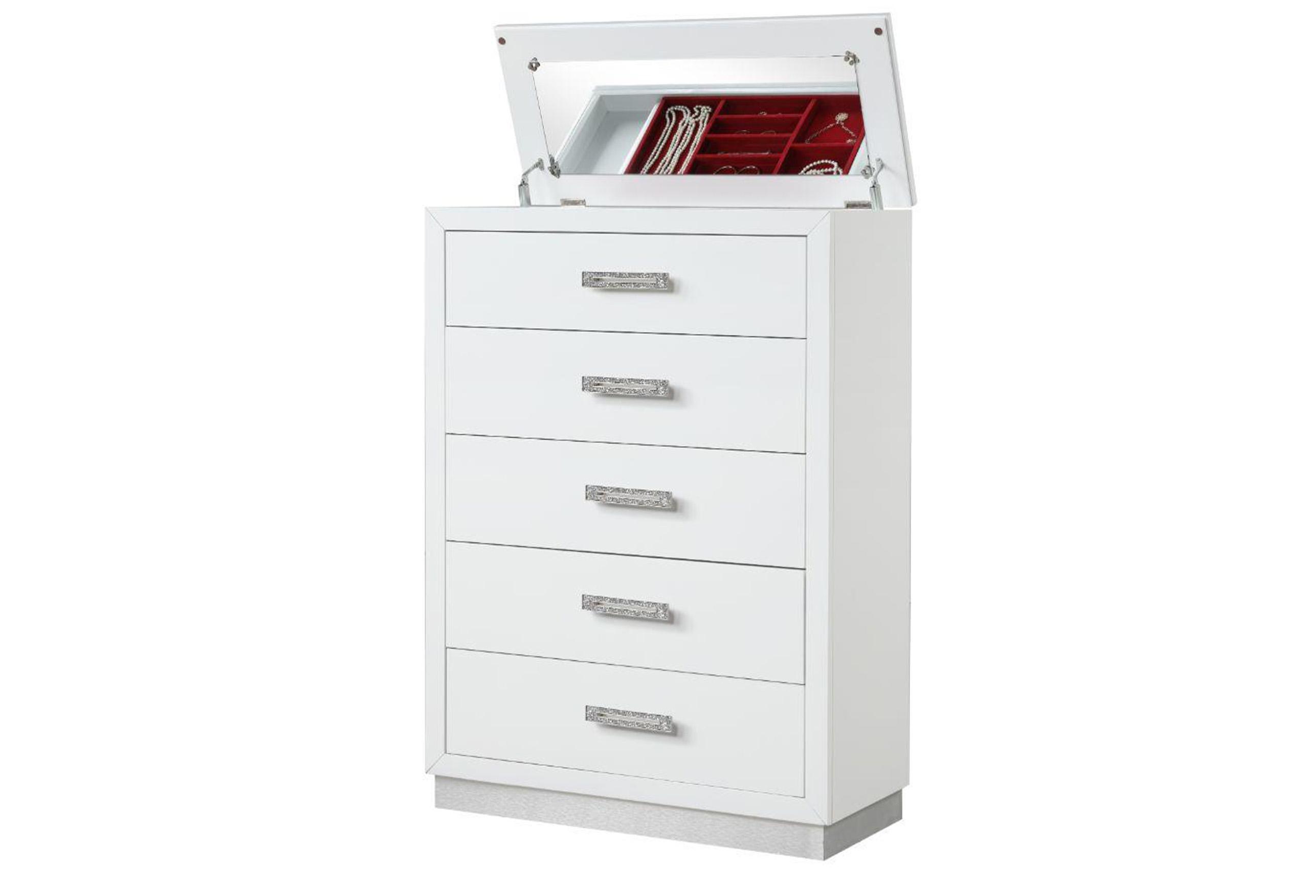 

    
Milky White Solid Wood Five Drawer Chest COCO Galaxy Home Modern Contemporary

