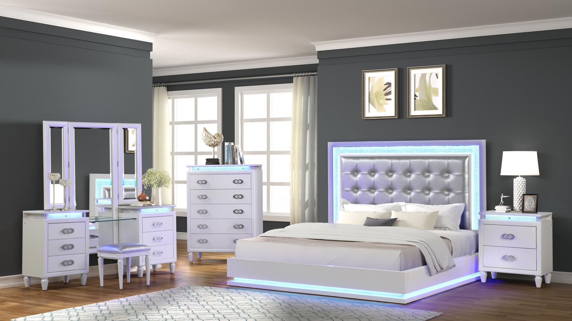 

    
Milky White Tufted King Led Bed Set w/Vanity 5P PASSION Galaxy Home Contemporary
