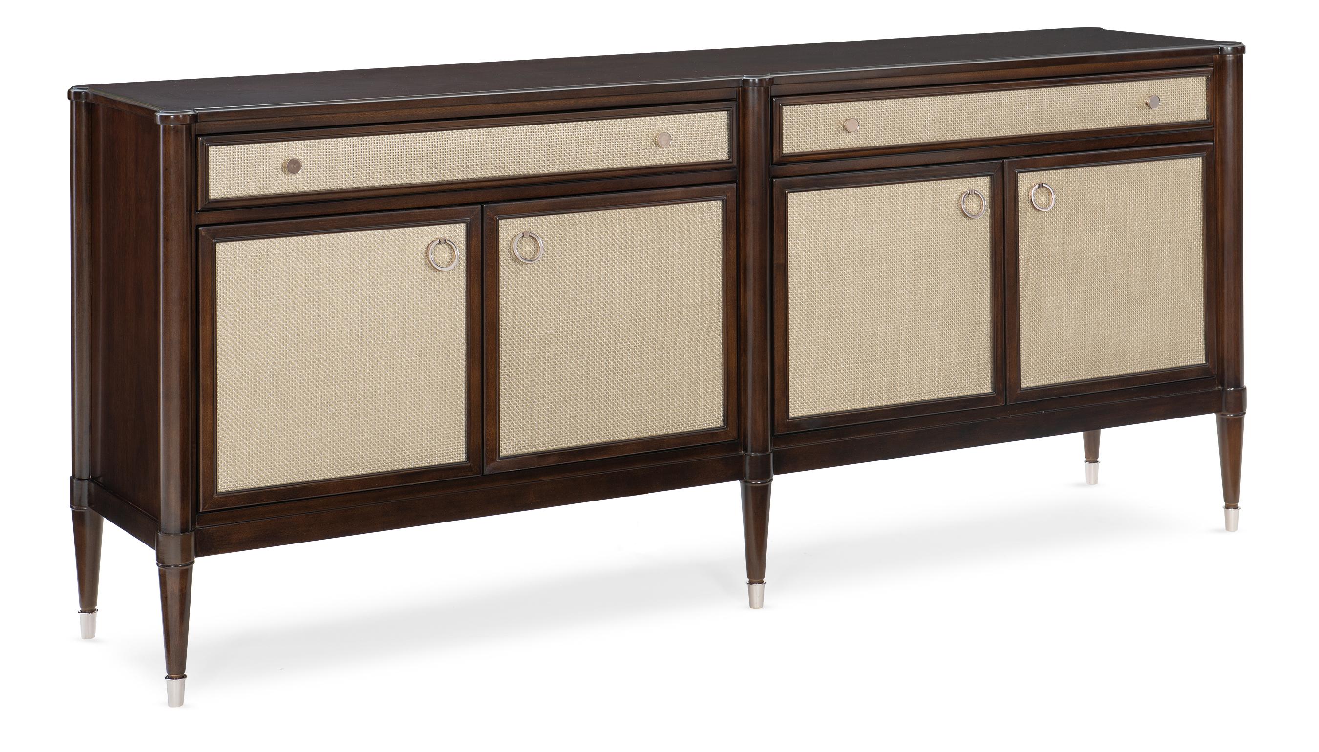 

    
Mocha Walnut Finish Neutral Metallic Painted Cane Buffet  The Silver Screen by Caracole
