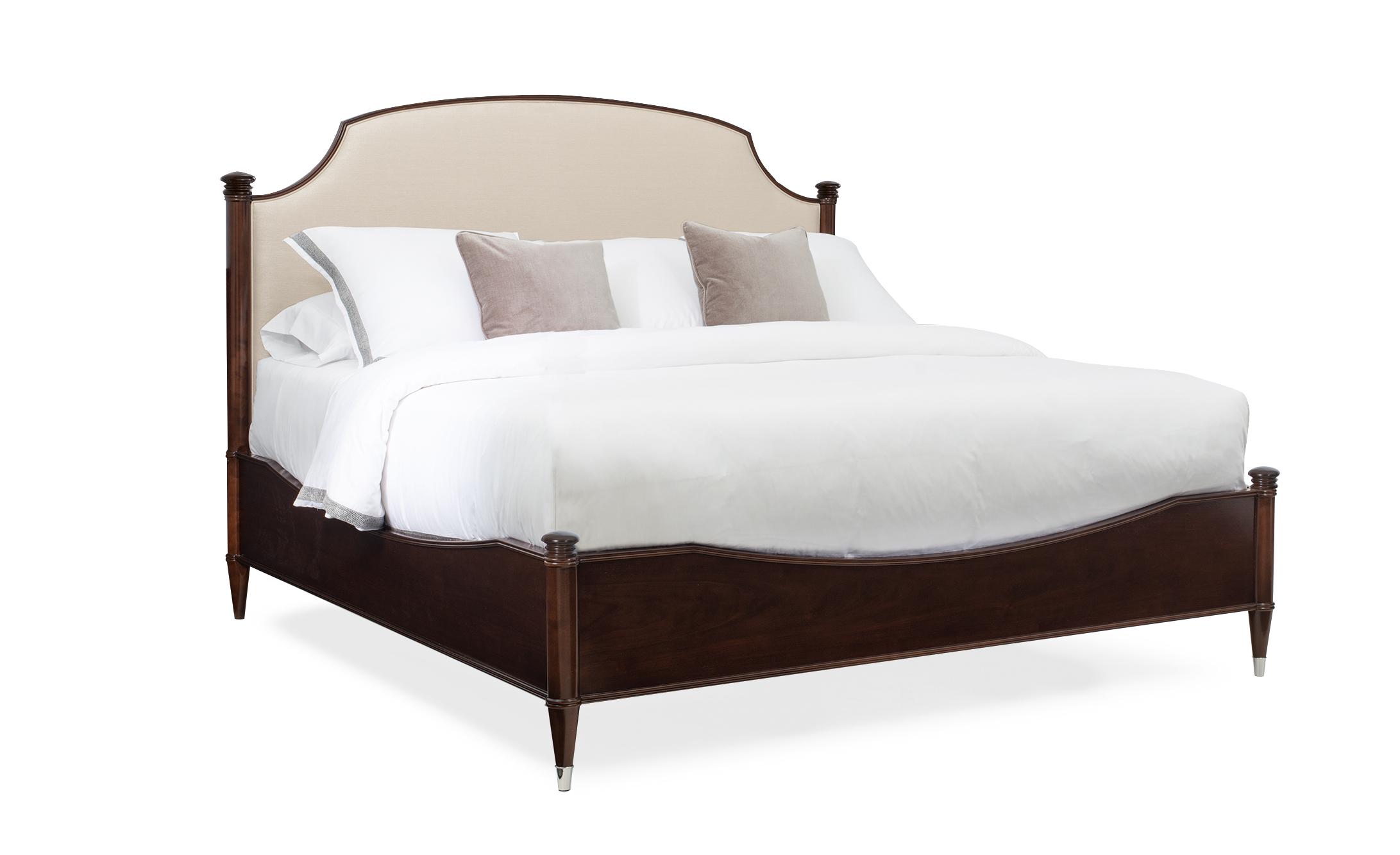 

    
Mocha Walnut Finish Upholstered Headboard King Bed Crown Jewel by Caracole

