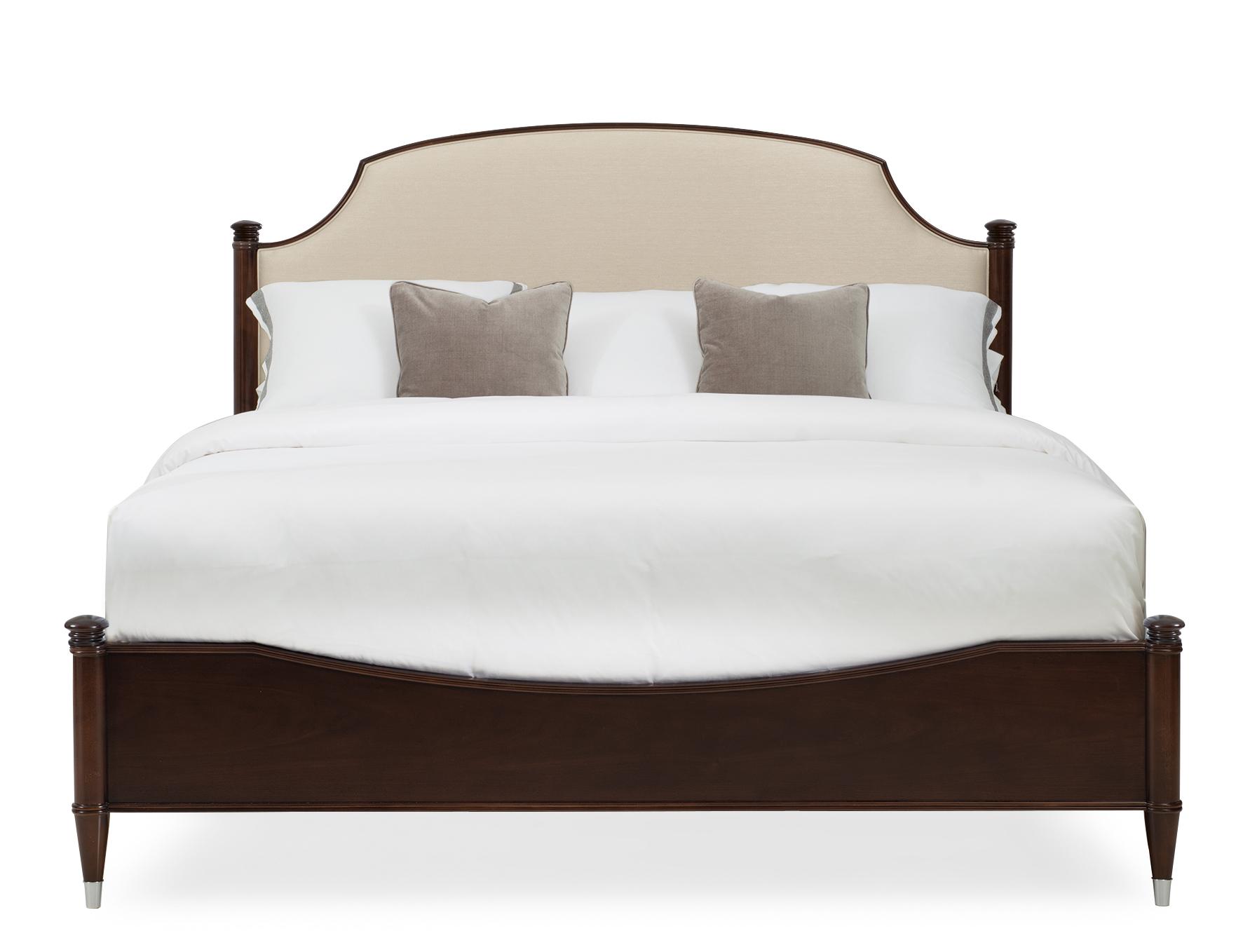 

    
Mocha Walnut Finish Upholstered Headboard Queen Bed Crown Jewel by Caracole
