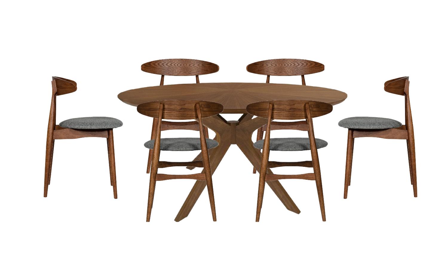 

    
Modern 59"W Round Walnut Dining Table + 6 Chairs by VIG Modrest Prospect
