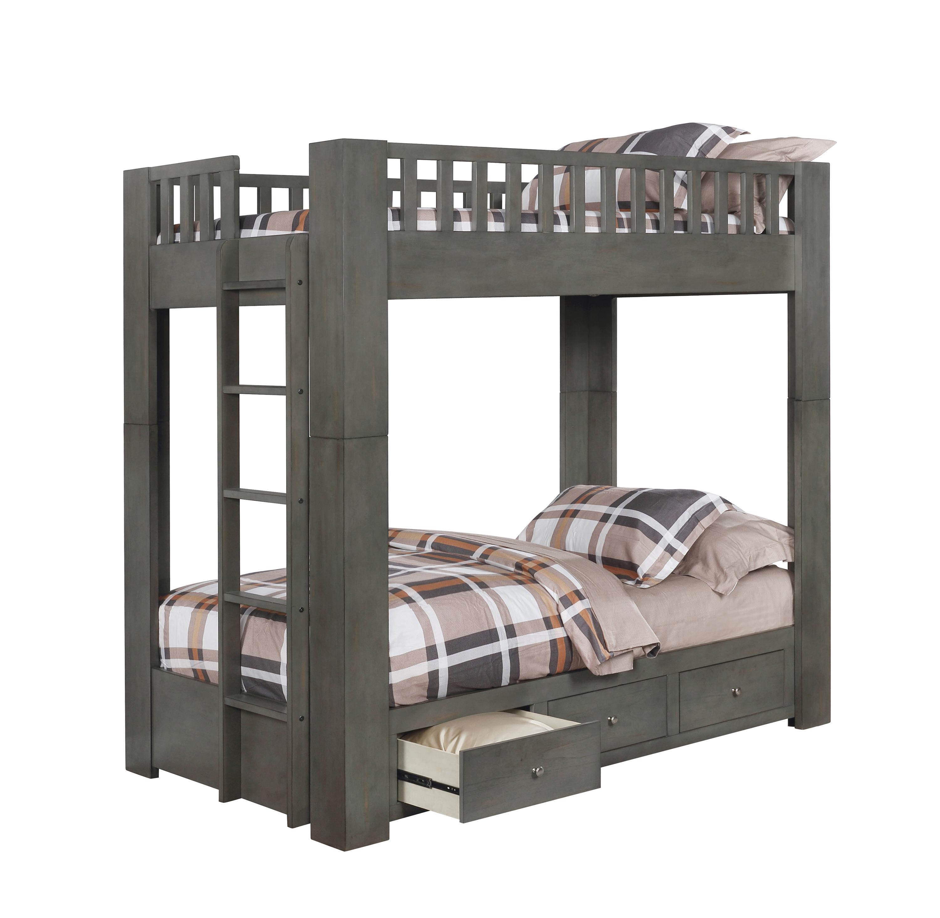 

    
Modern Antique Gray Solid Pine Twin/Twin Bunk Bed Coaster 461308 Wenco
