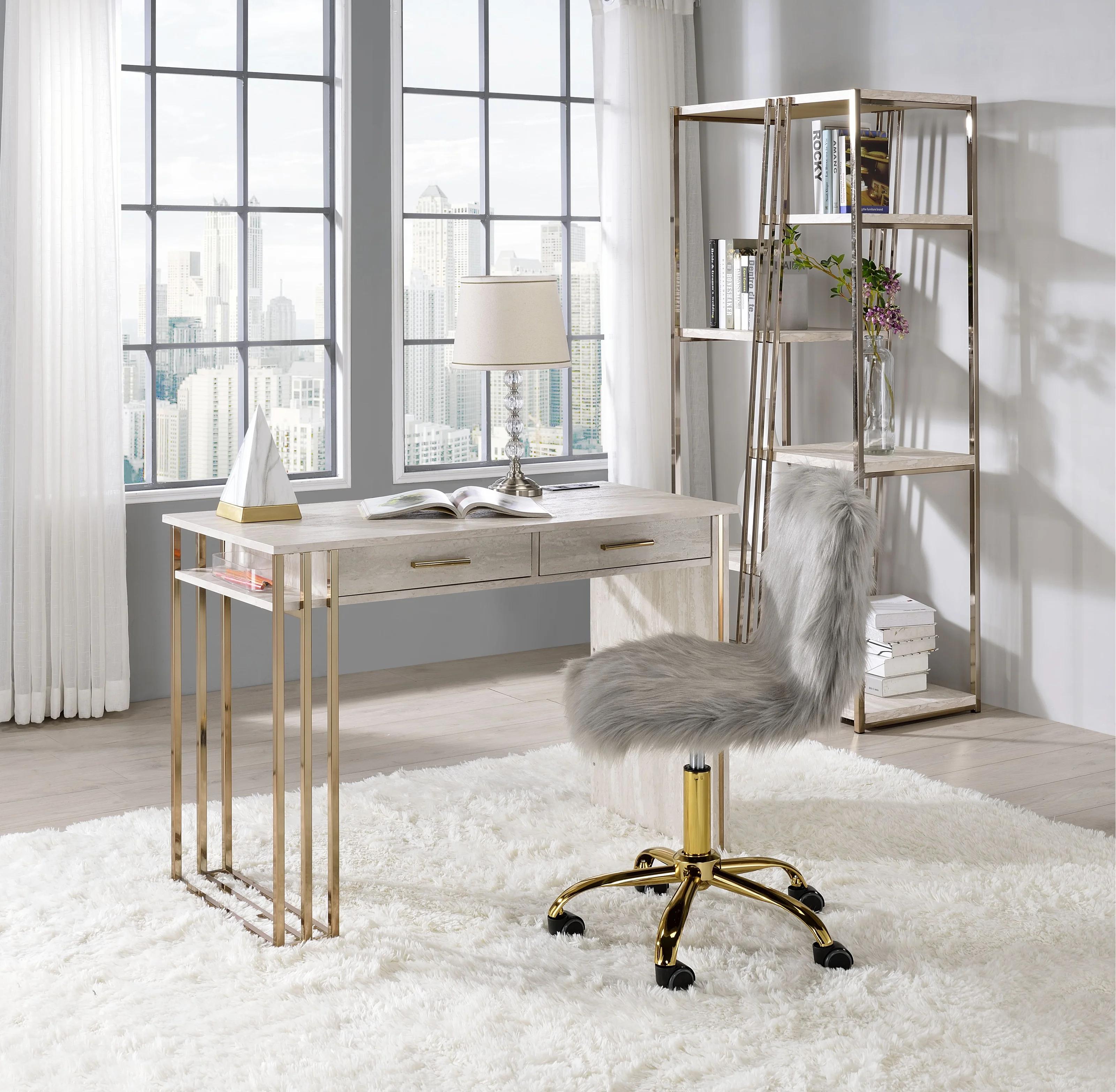

    
Modern Antique White & Gold Finish Writing Desk + Bookshelf + Chair by Acme 92935-3pcs Tyeid
