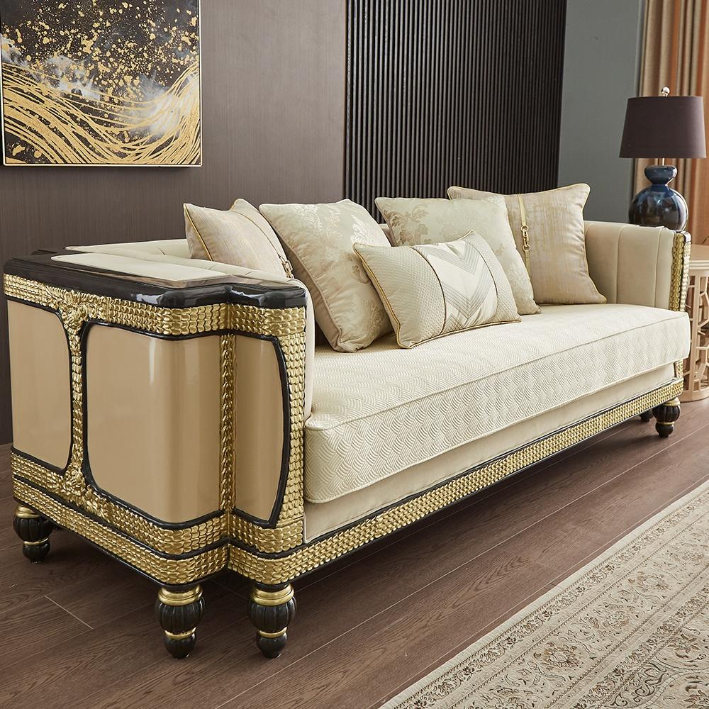 

    
Cream & Gold Finish Rich Chenille Sofa Set 2Pcs Traditional Homey Design HD-9009
