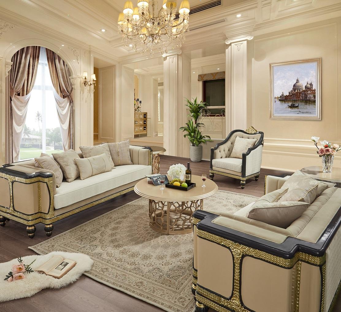 

    
Cream & Gold Finish Rich Chenille Sofa Set 3Pc Traditional Homey Design HD-9009
