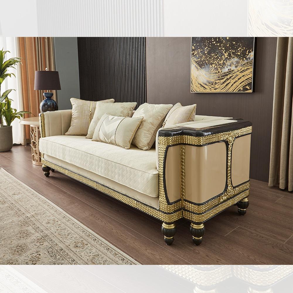 

    
Cream & Gold Finish Rich Chenille Sofa Traditional Homey Design HD-9009
