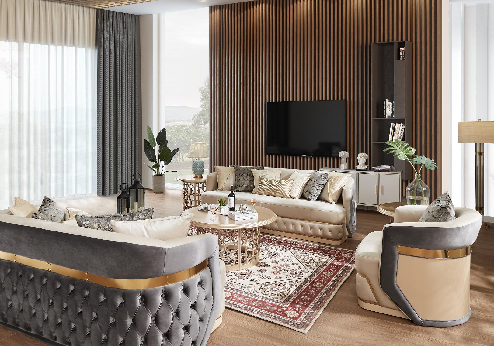 

    
Modern Beige & Gray Composite Wood Sofa Set 3PcTraditional Homey Design HD-9008
