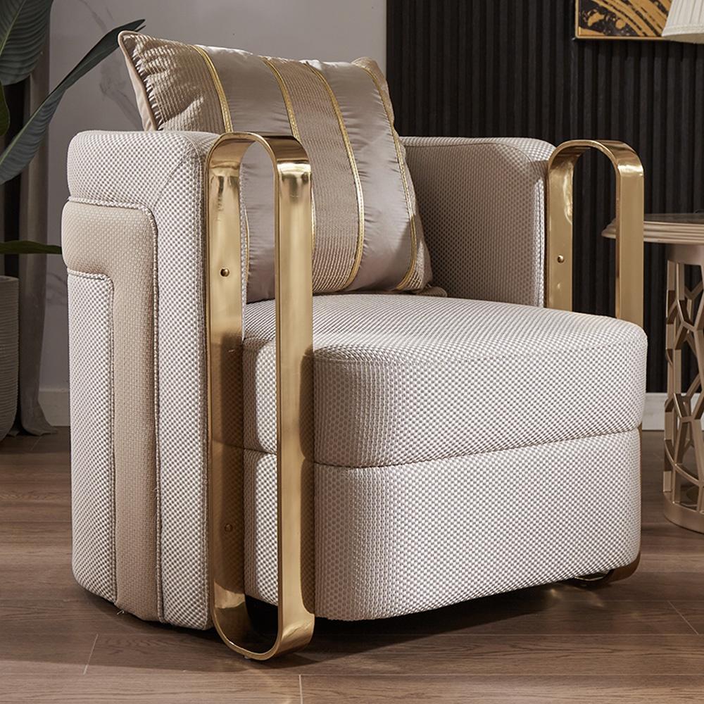 

    
Beige Chenille Fabric Golden Accent Armchair Traditional Homey Design HD-9005
