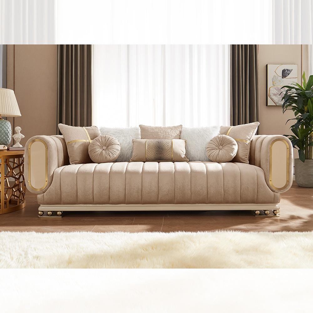 

    
Cream Fabric Golden Accent Tufted Sofa Set 2Pc Traditional Homey Design HD-9004
