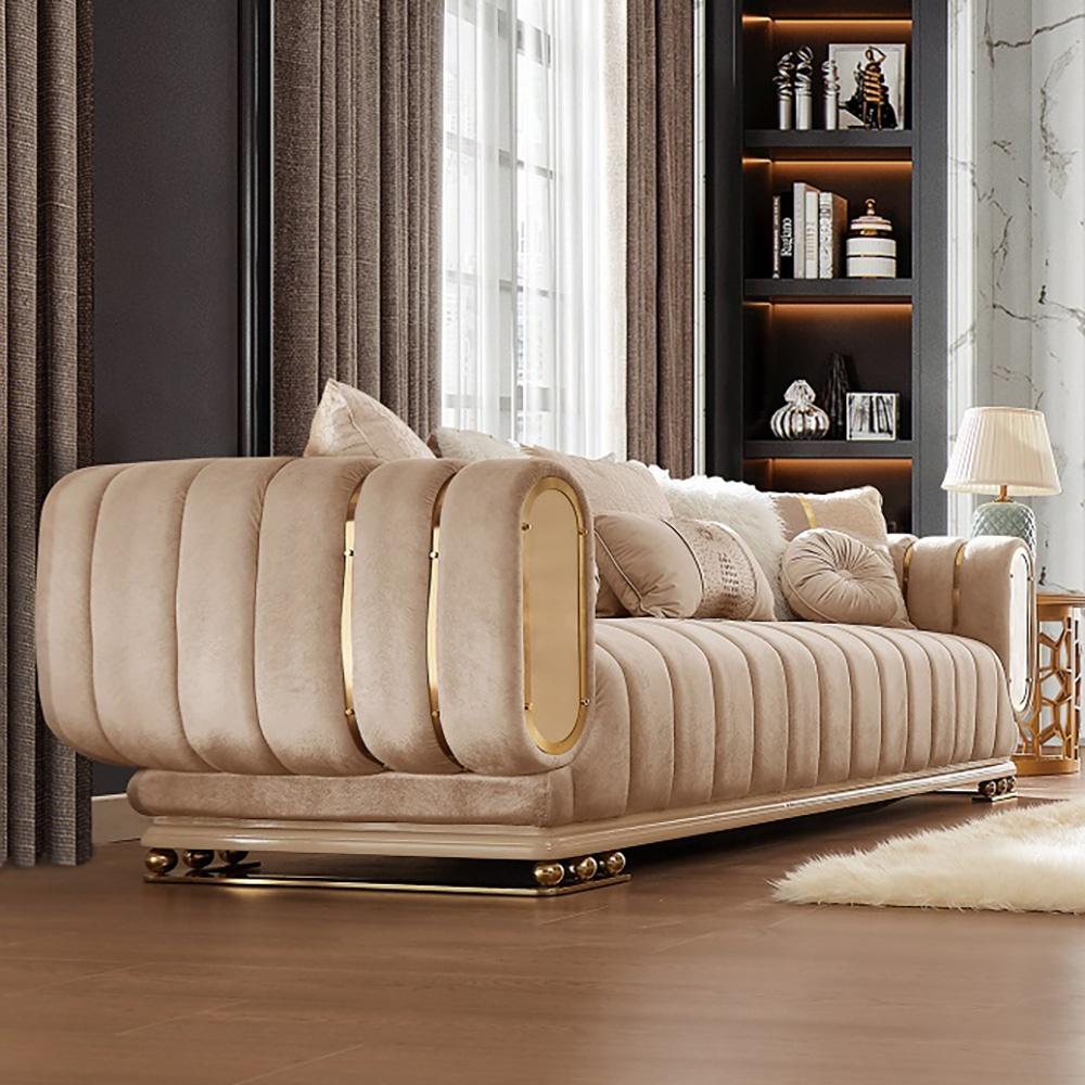 

    
Cream Fabric Golden Accent Tufted Loveseat Traditional Homey Design HD-9004
