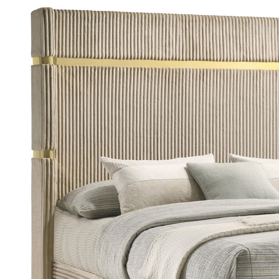 

        
Coaster Lucia King Panel Bed 224731KE Panel Bed Gold/Beige Fabric 65151989949819
