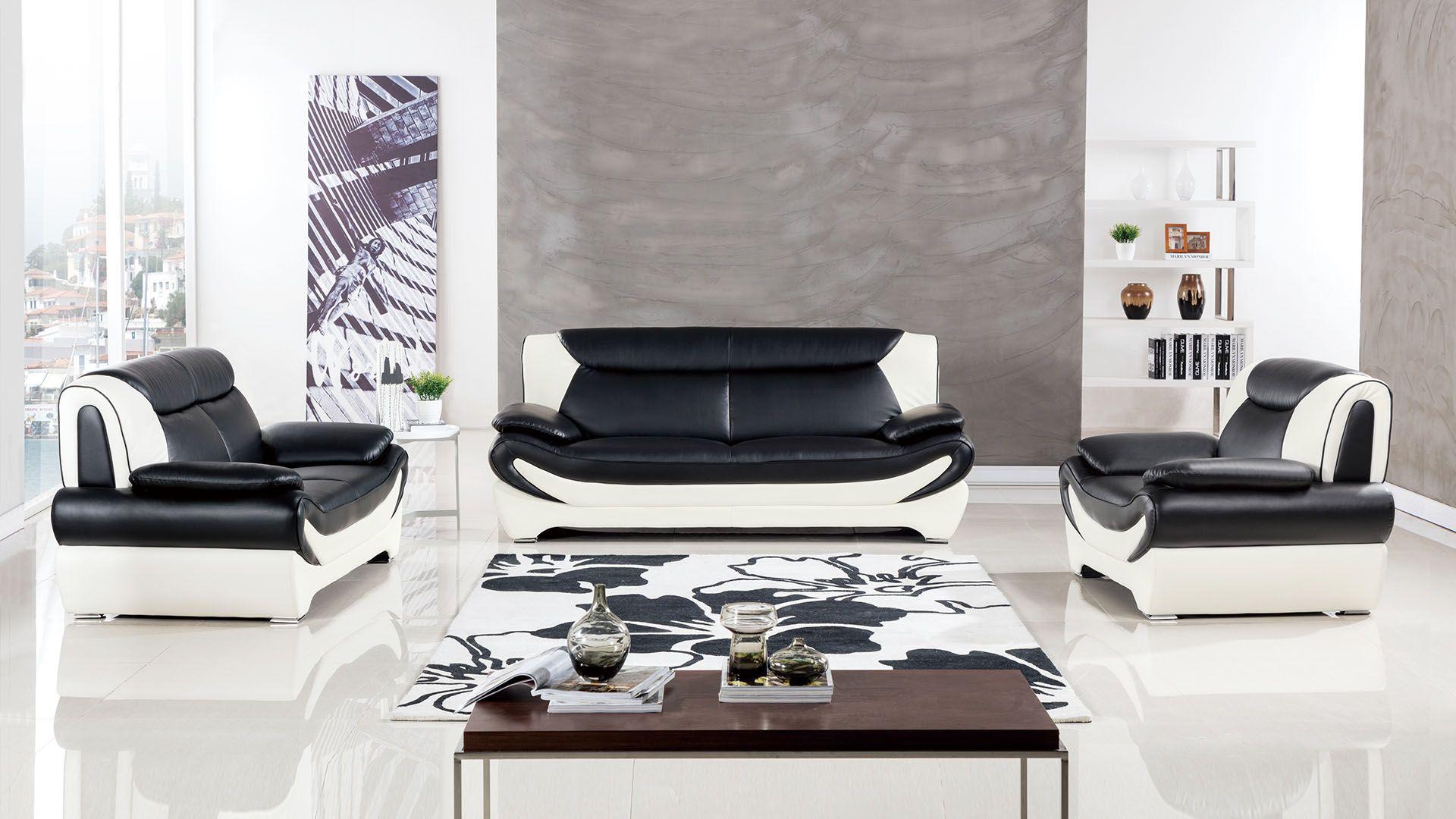 Contemporary, Modern Sofa Set AE209-BK.W AE209-BK.W-Set-3 in Ivory, Black Faux Leather