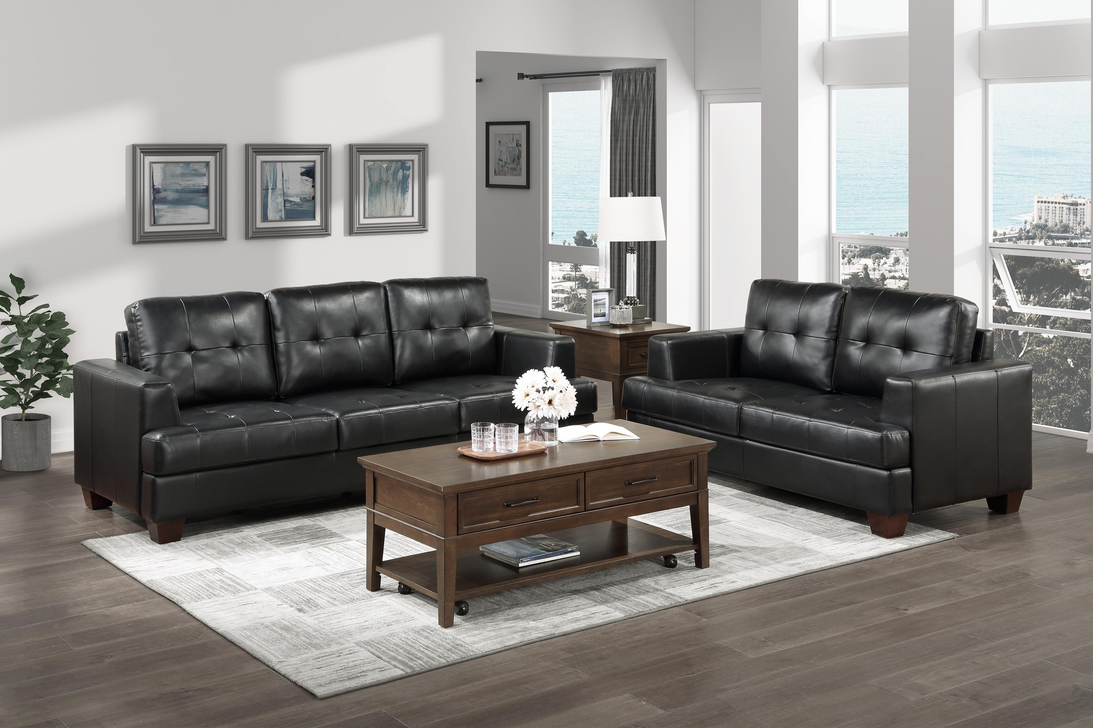 Modern Living Room Set 9309BK-2PC Hinsall 9309BK-2PC in Black Faux Leather