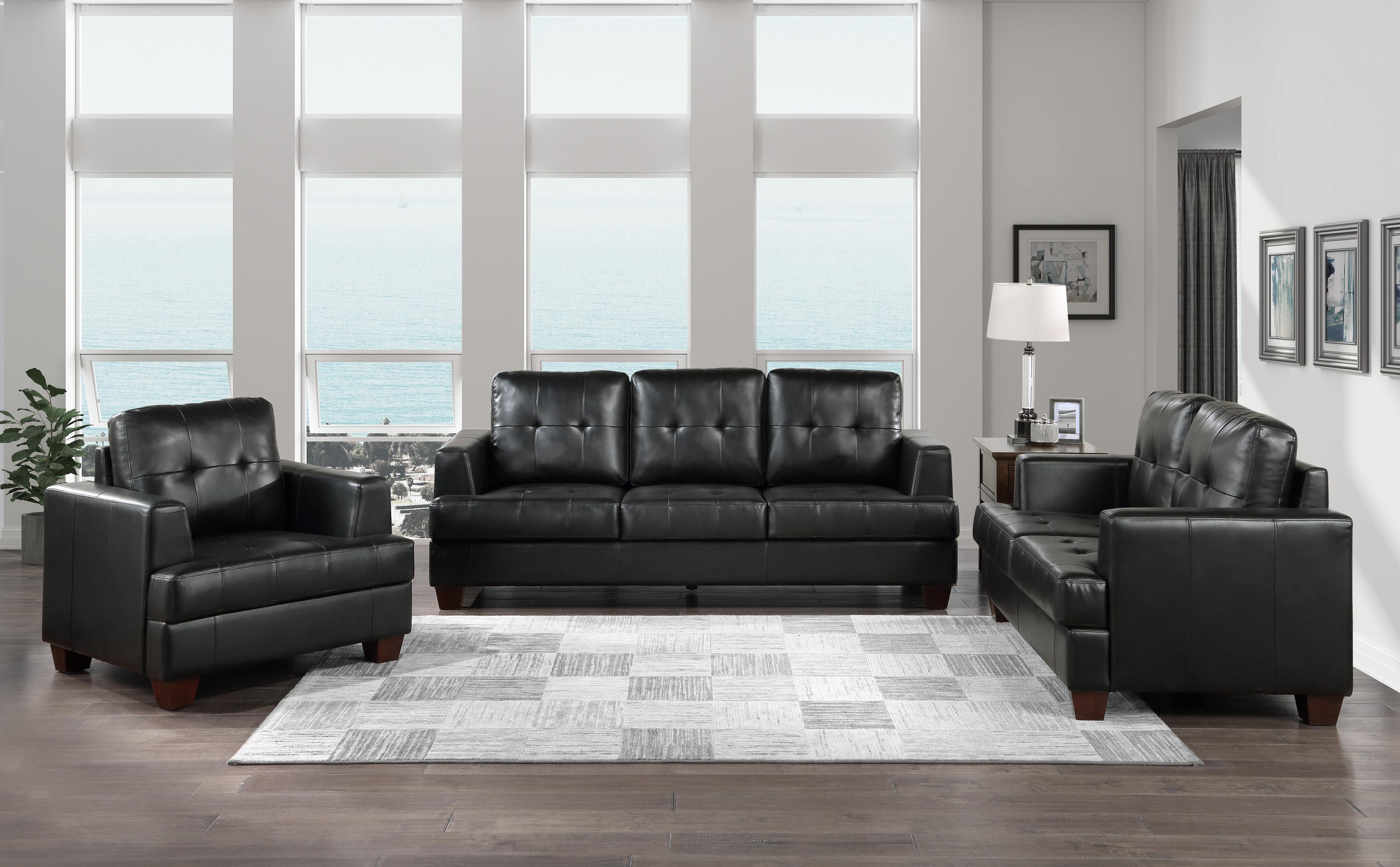 Modern Living Room Set 9309BK-3PC Hinsall 9309BK-3PC in Black Faux Leather