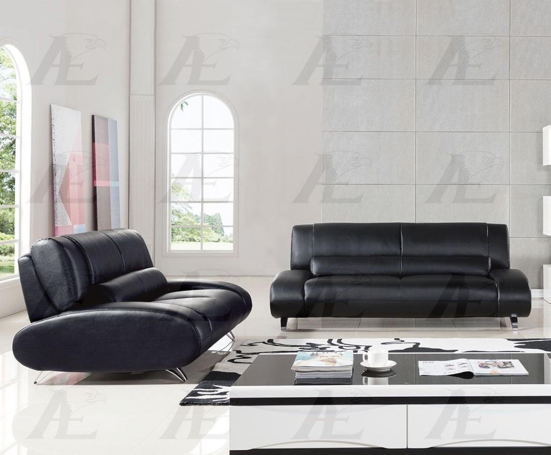 Modern Sofa and Loveseat Set AE728-BK AE728-BK-Set-2 in Black Bonded Leather