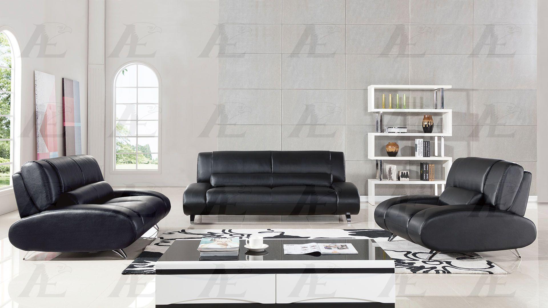 Contemporary, Modern Sofa Set AE728-BK AE728-BK-Set-3 in Black Bonded Leather
