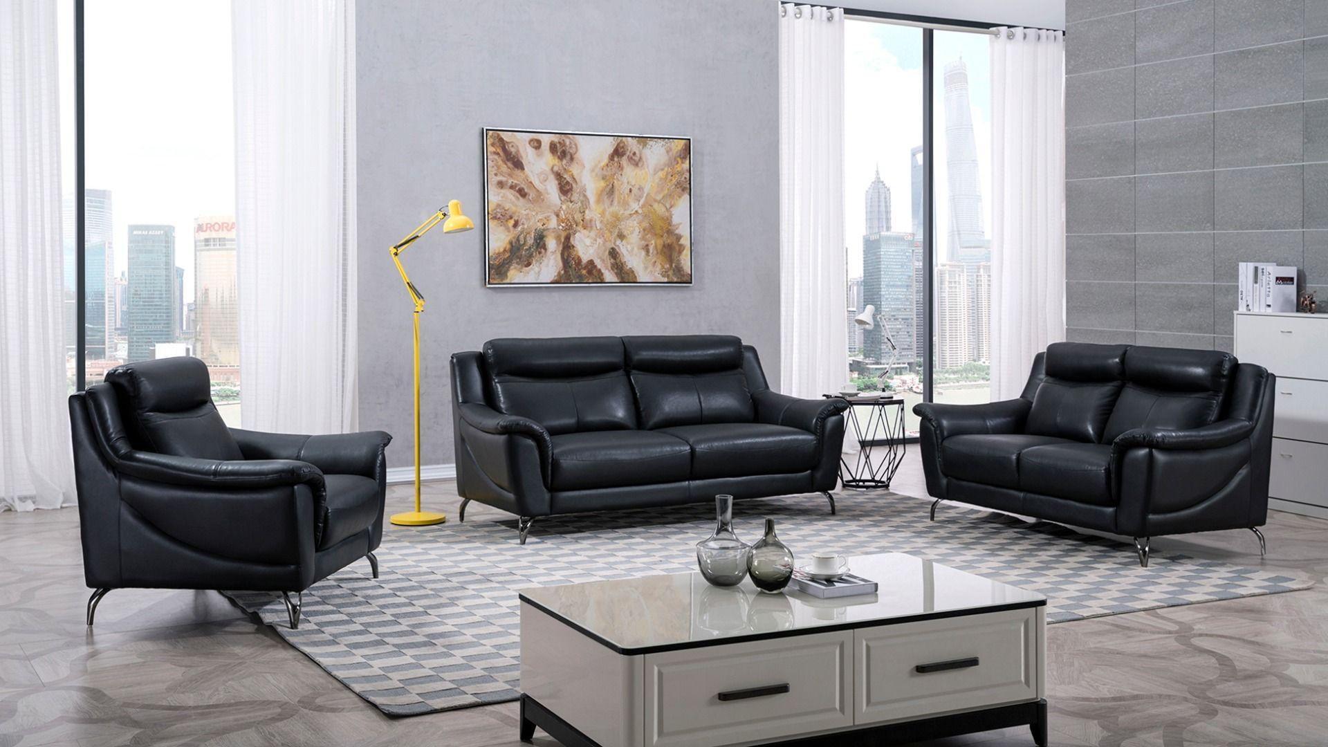 Contemporary, Modern Sofa Set EK150-BK EK150-BK-Set-3 in Black Italian Leather