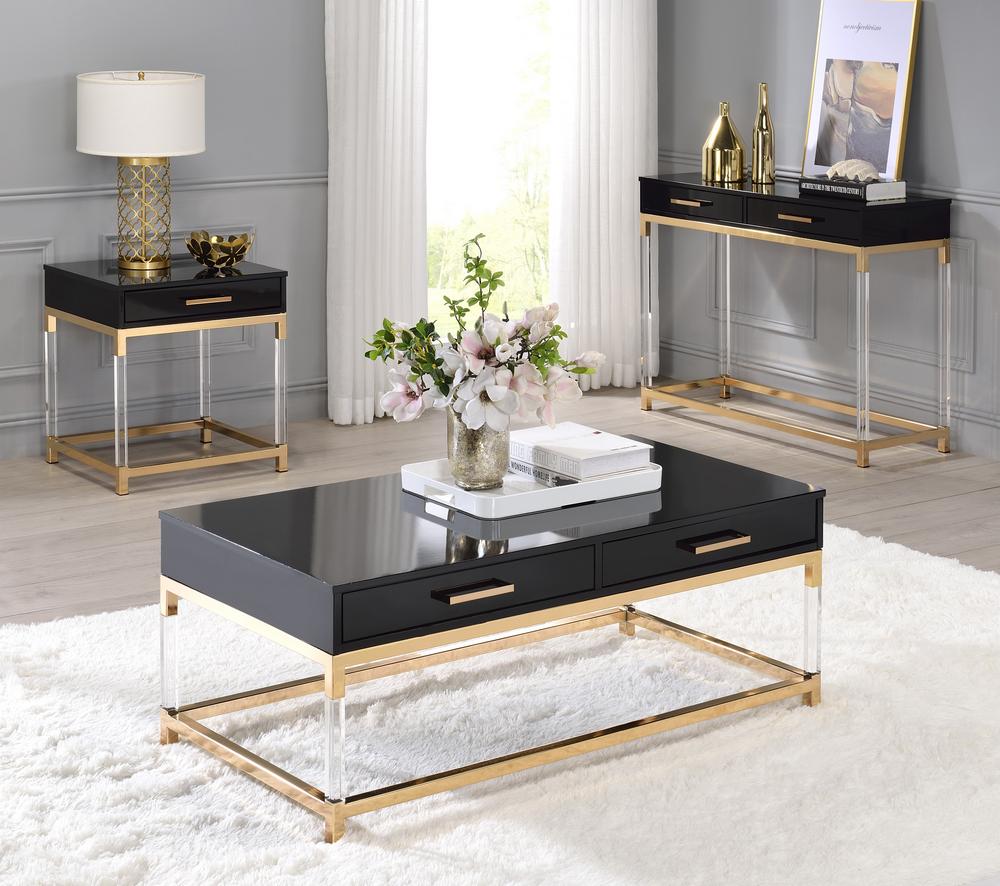

    
Modern Black & Gold Coffee Table + End Table + Console Table by Acme Adiel 82345-3pcs
