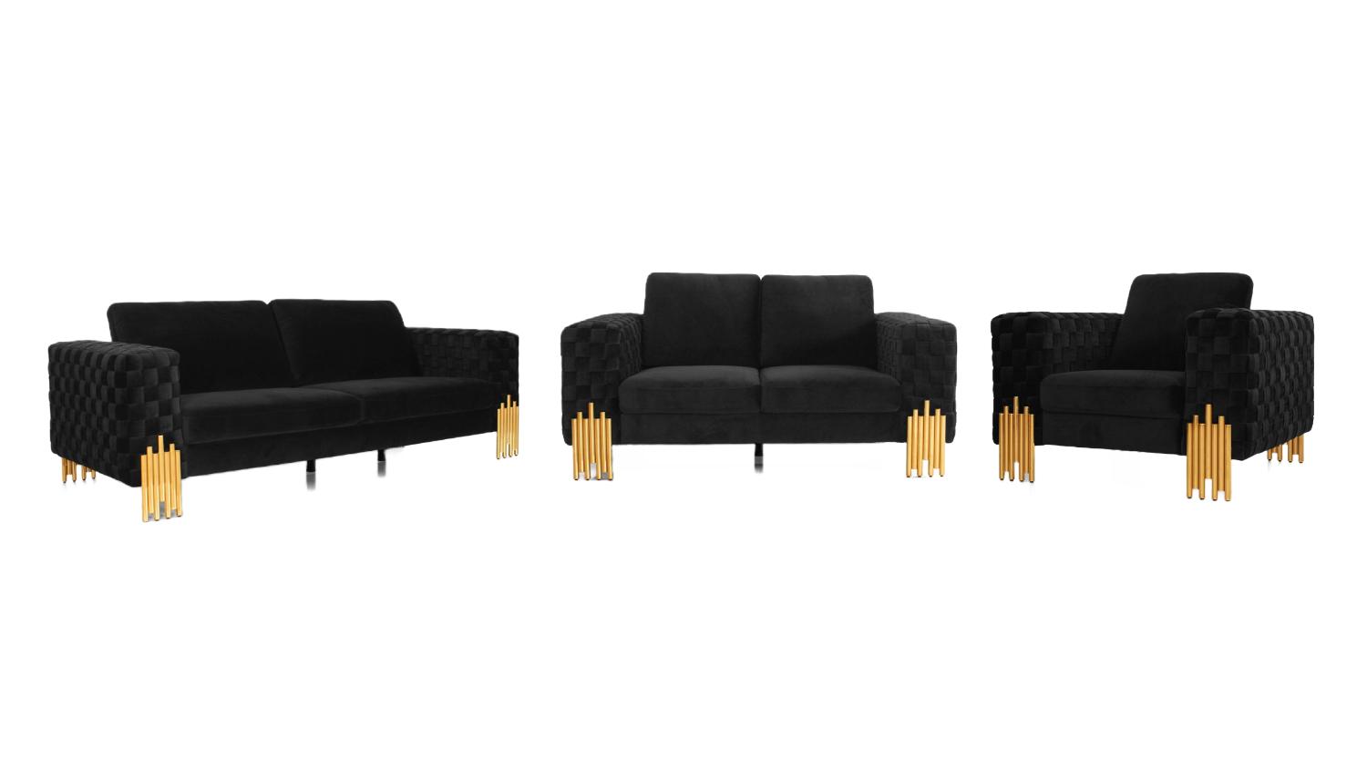

    
Modern Black & Gold Velvet Sofa + Loveseat + Chair by VIG Georgia VGKNK8622-SET

