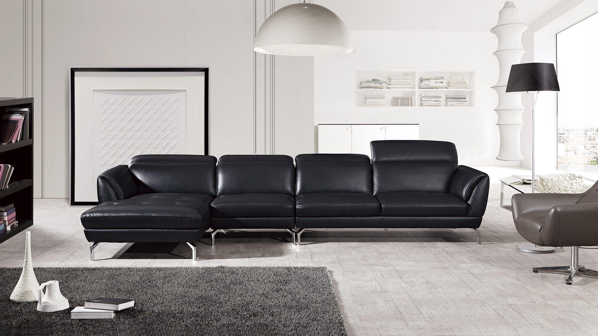 Contemporary, Modern Sectional Sofa EK-L023-BK EK-L023R-BK in Black Italian Leather
