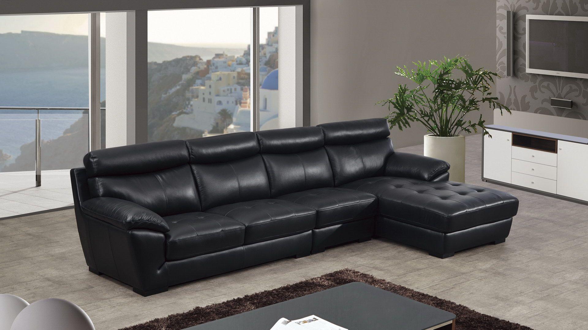 Contemporary, Modern Sectional Sofa EK-L021-BK EK-L021L-BK in Black Italian Leather
