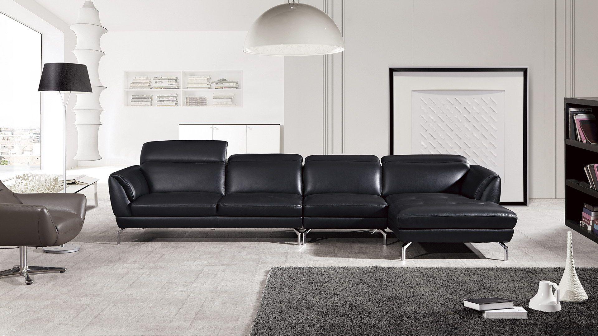 Contemporary, Modern Sectional Sofa EK-L023-BK EK-L023R-BK in Black Italian Leather