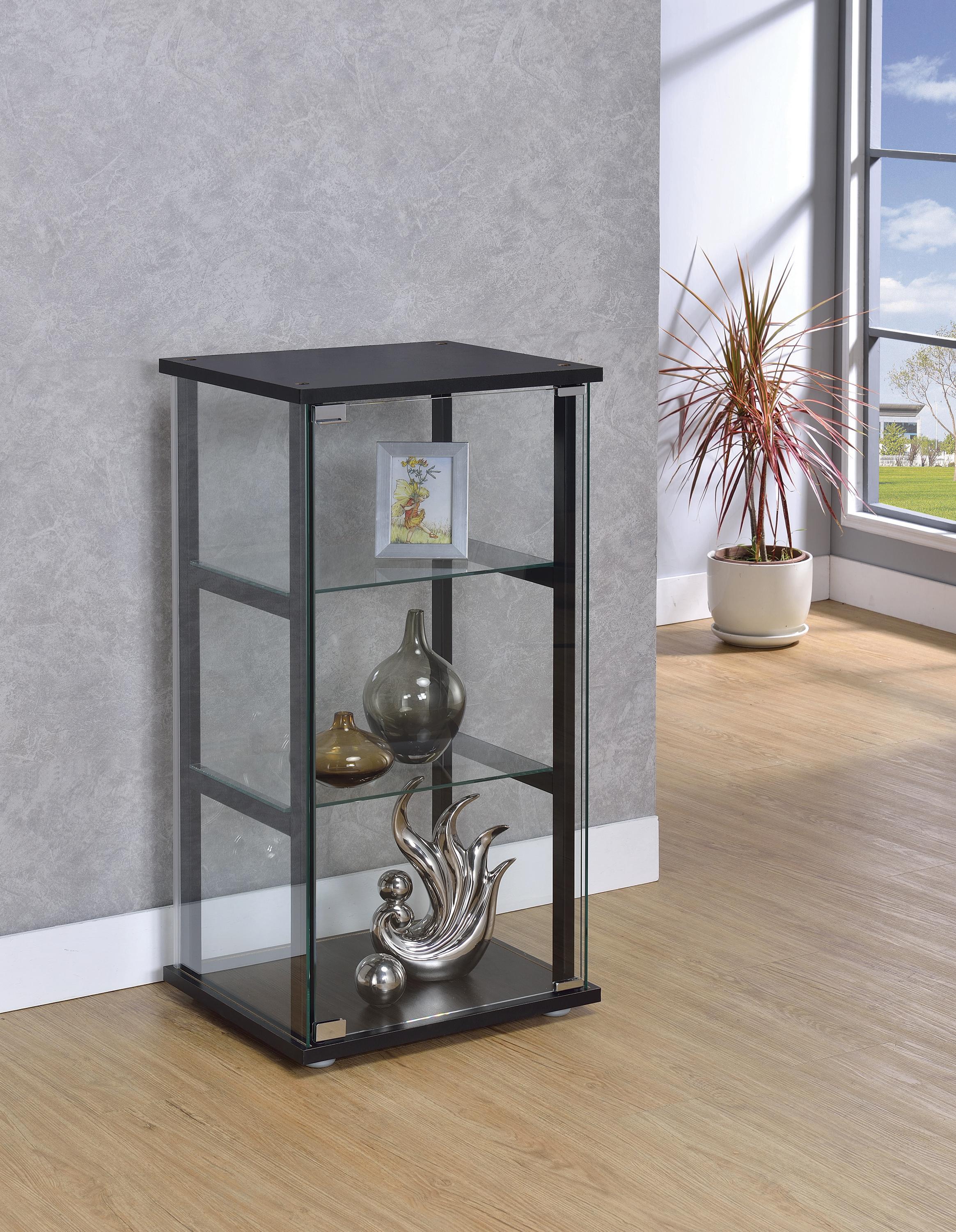 

    
Modern Black Solid Pine & Tempered Glass Curio Cabinet Coaster 950179
