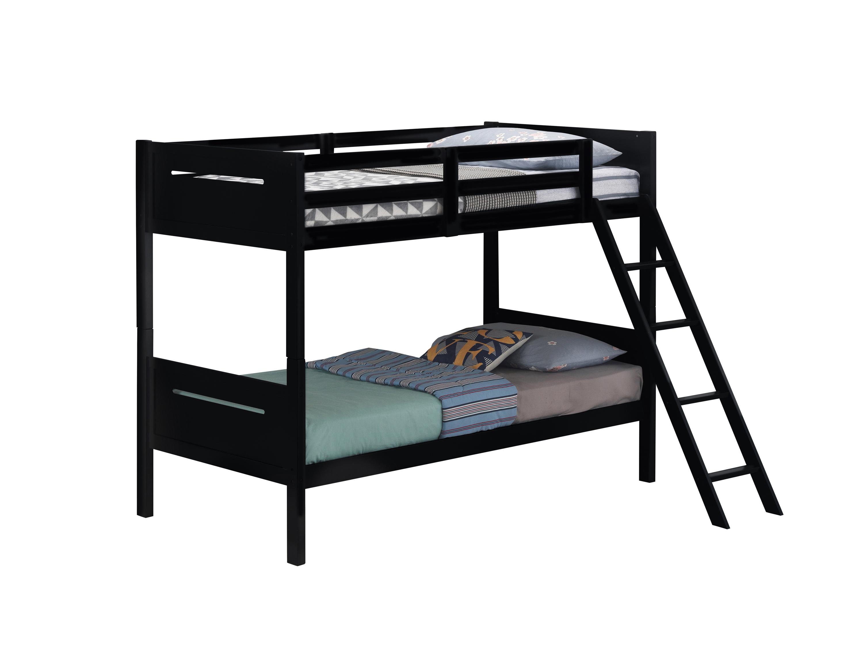 

    
Modern Black Solid Rubberwood Twin/Twin Bunk Bed Coaster 405051BLK Littleton
