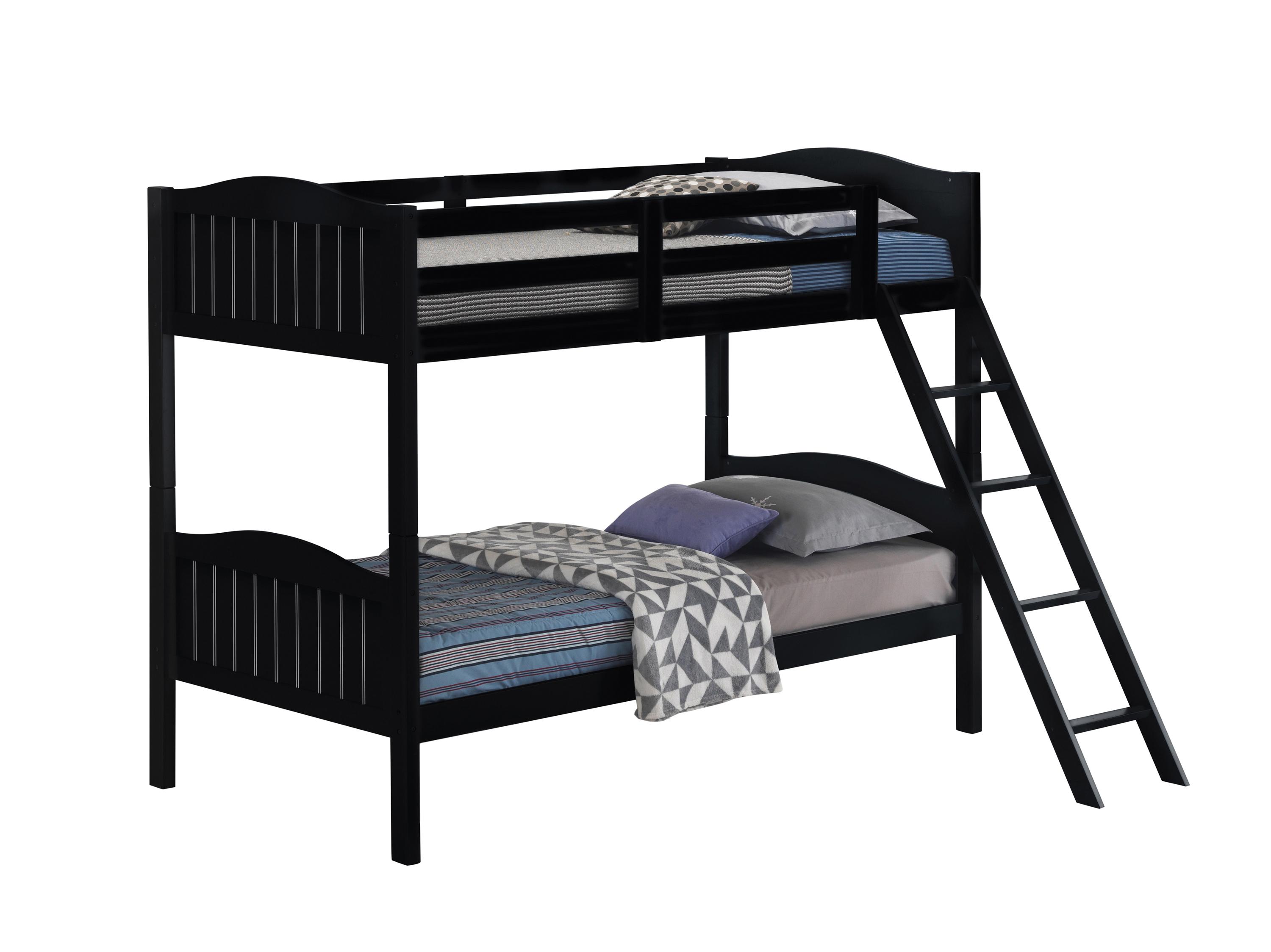 

    
Modern Black Solid Rubberwood Twin/Twin Bunk Bed Coaster 405053BLK Littleton
