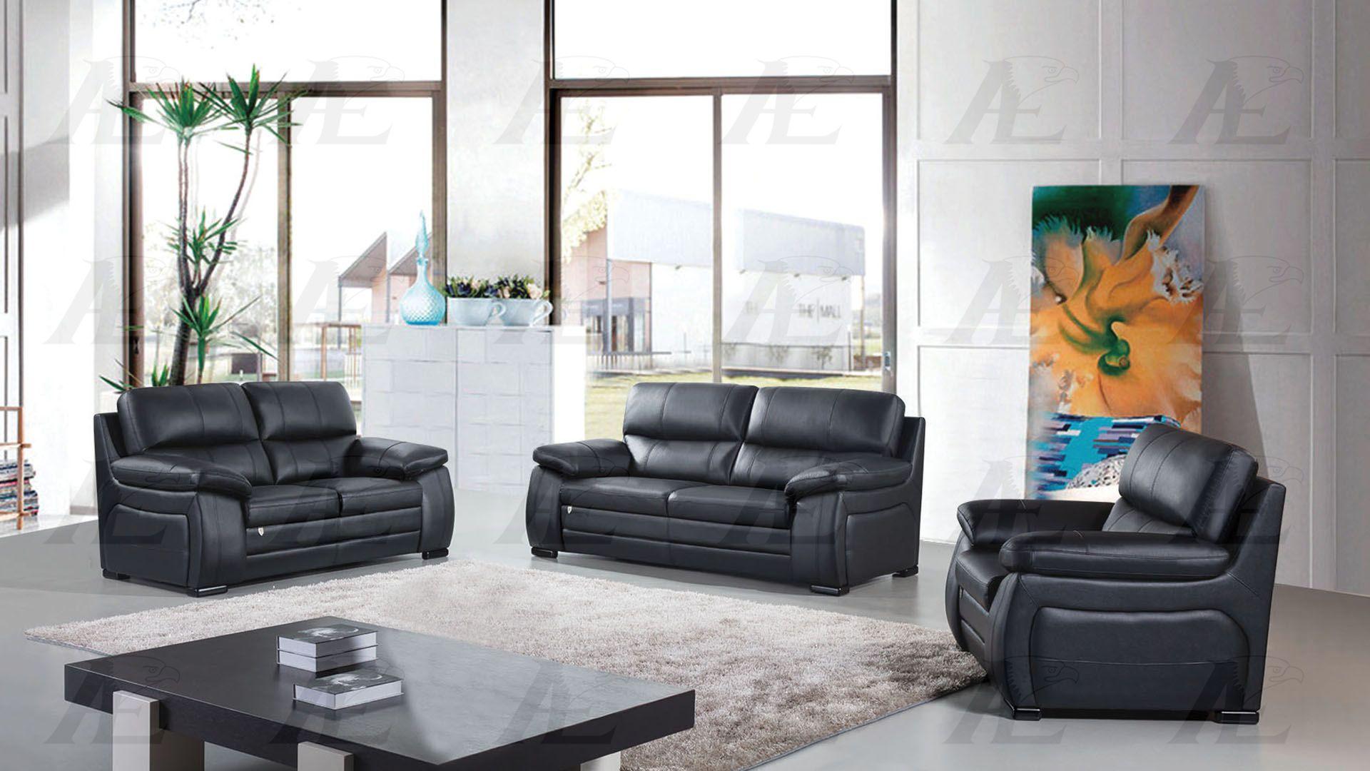 Contemporary, Modern Sofa Set EK041-BK EK041-BK-Set-3 in Black Top grain leather