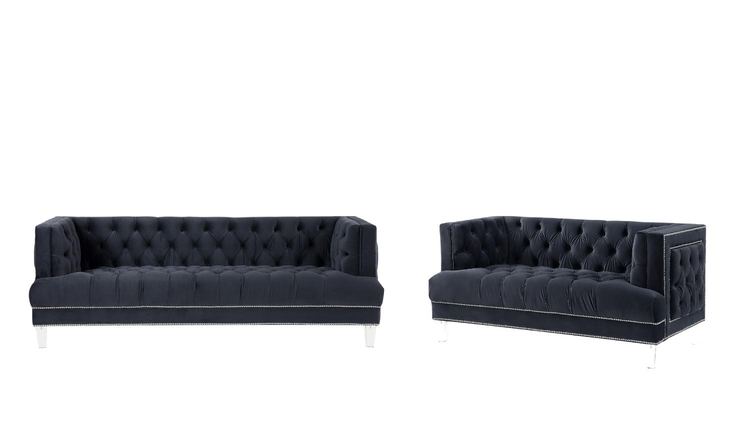 Modern Sofa and Loveseat Set Ansario 56460-2pcs in Black Velvet