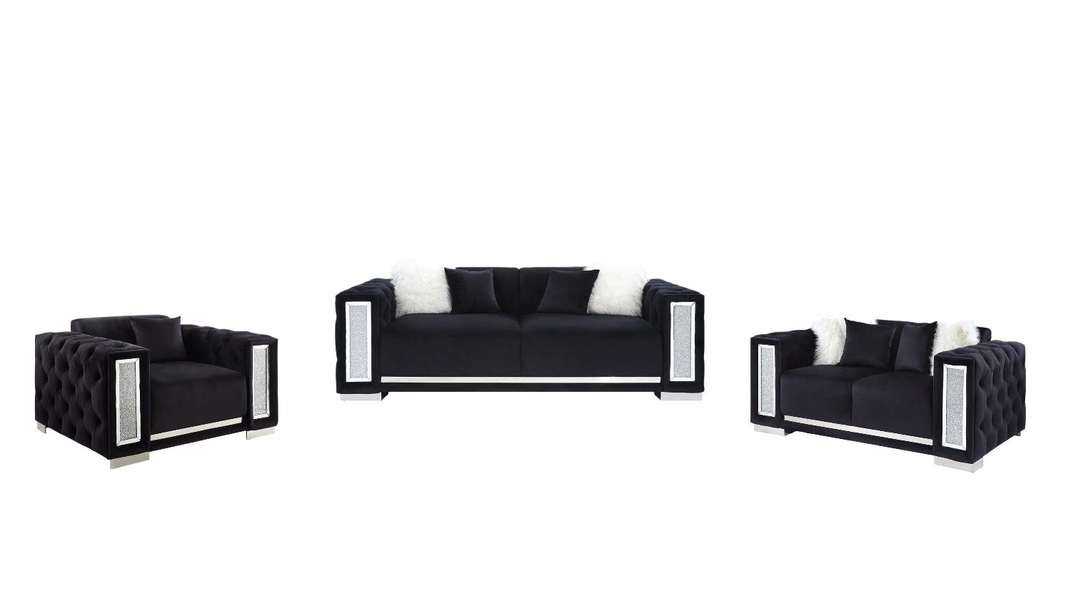 Contemporary, Modern Sofa Loveseat and Chair Set Trislar LV01397-3pcs in Black Velvet