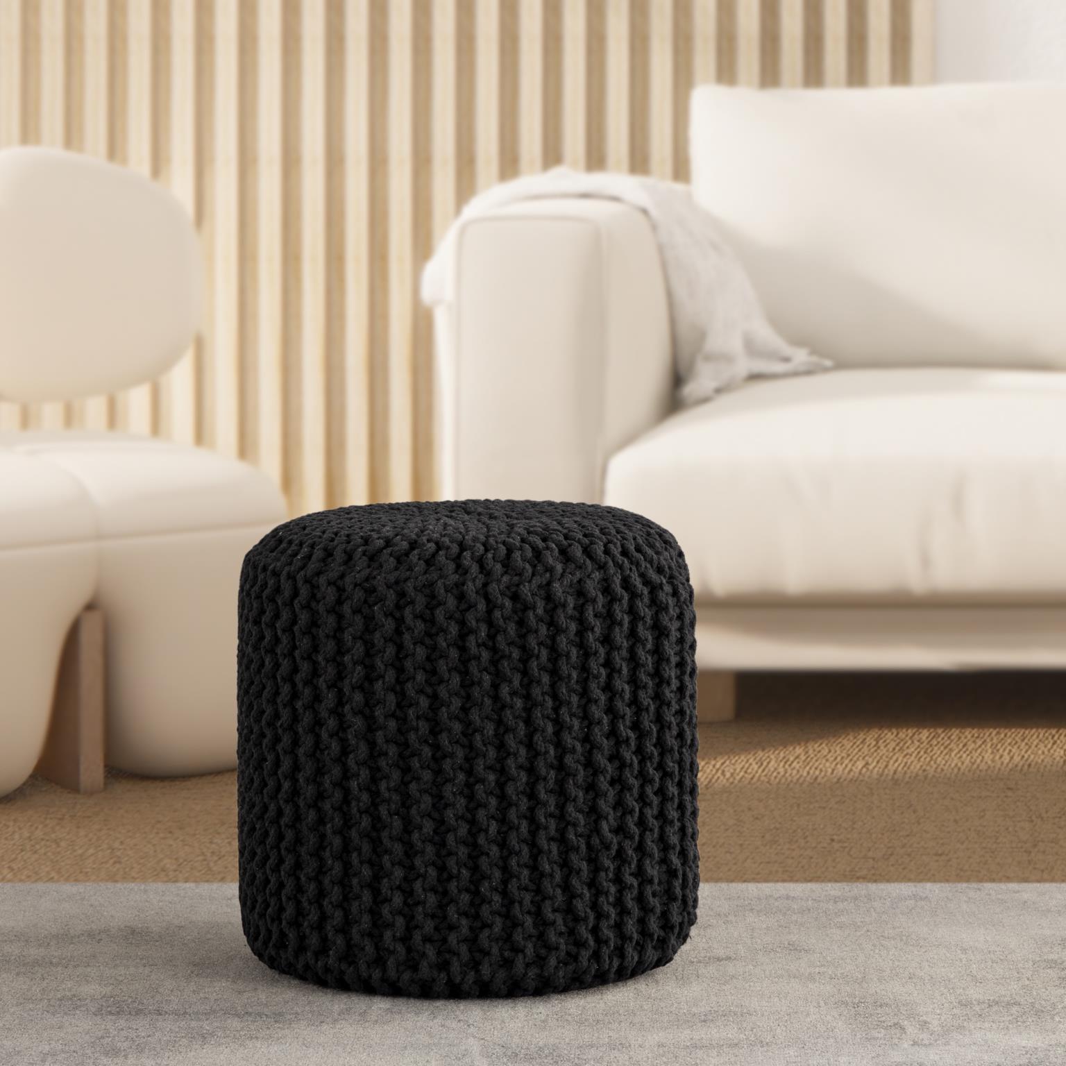 Contemporary, Modern Ottoman CY1616 Cylindrical Pouf 718852652581 718852652581 in Black Chenille