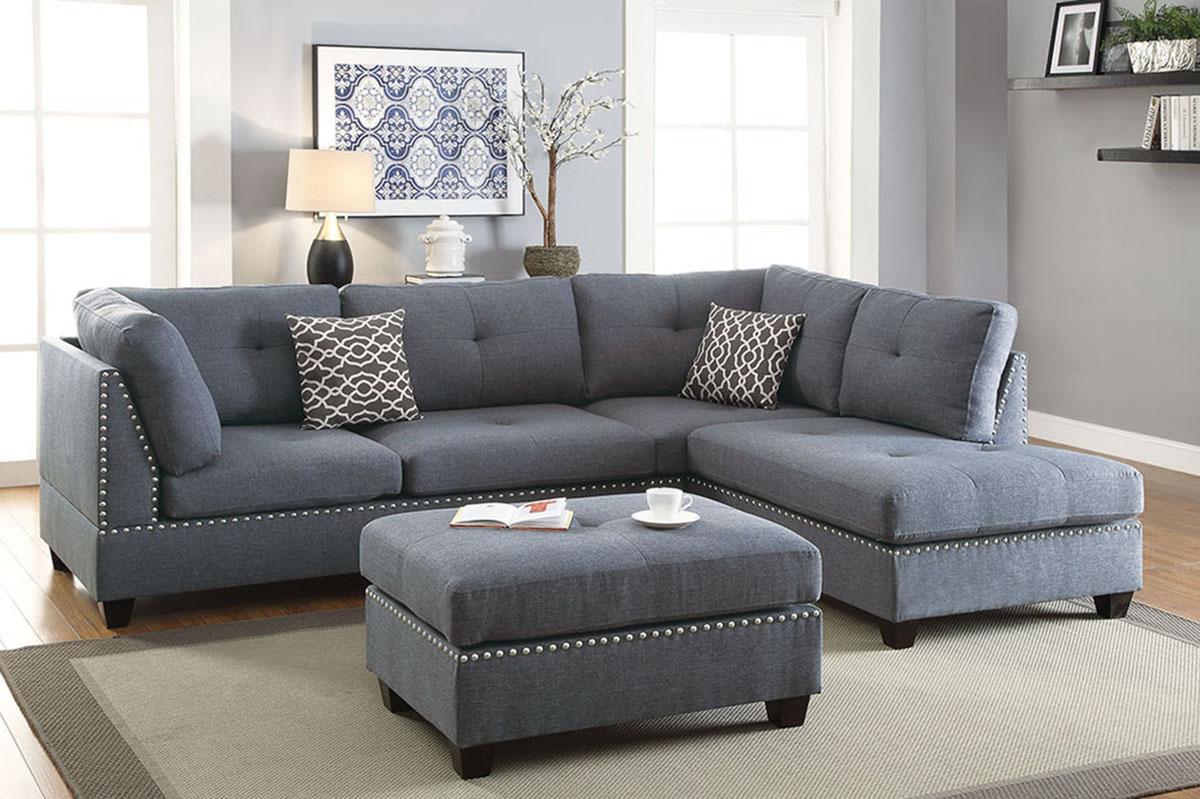 Contemporary, Modern 3-Pcs Sectional Sofa F6975 F6975 in Blue Fabric