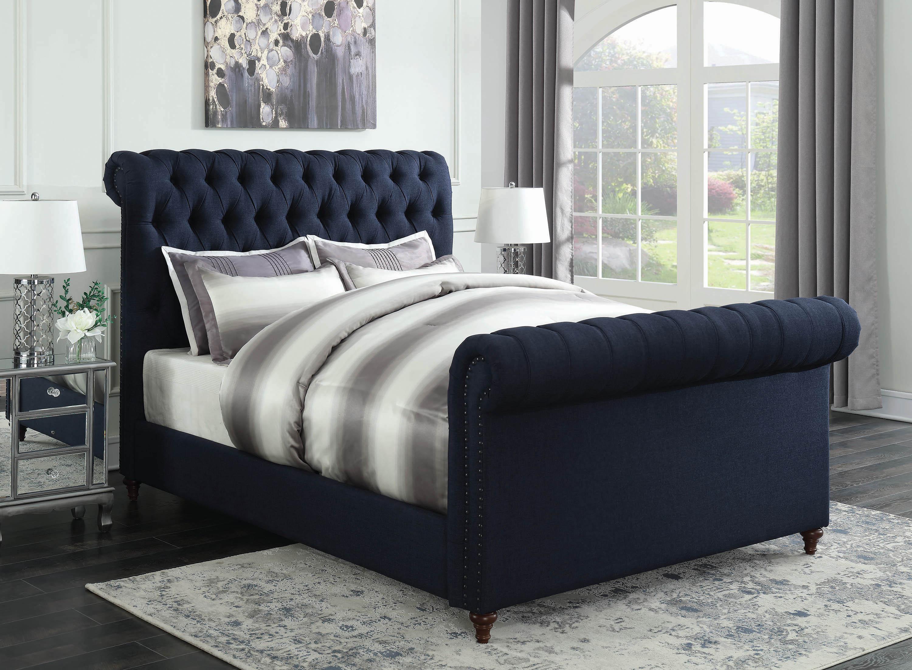 

    
Modern Blue Fabric Upholstery E king bed Gresham by Coaster

