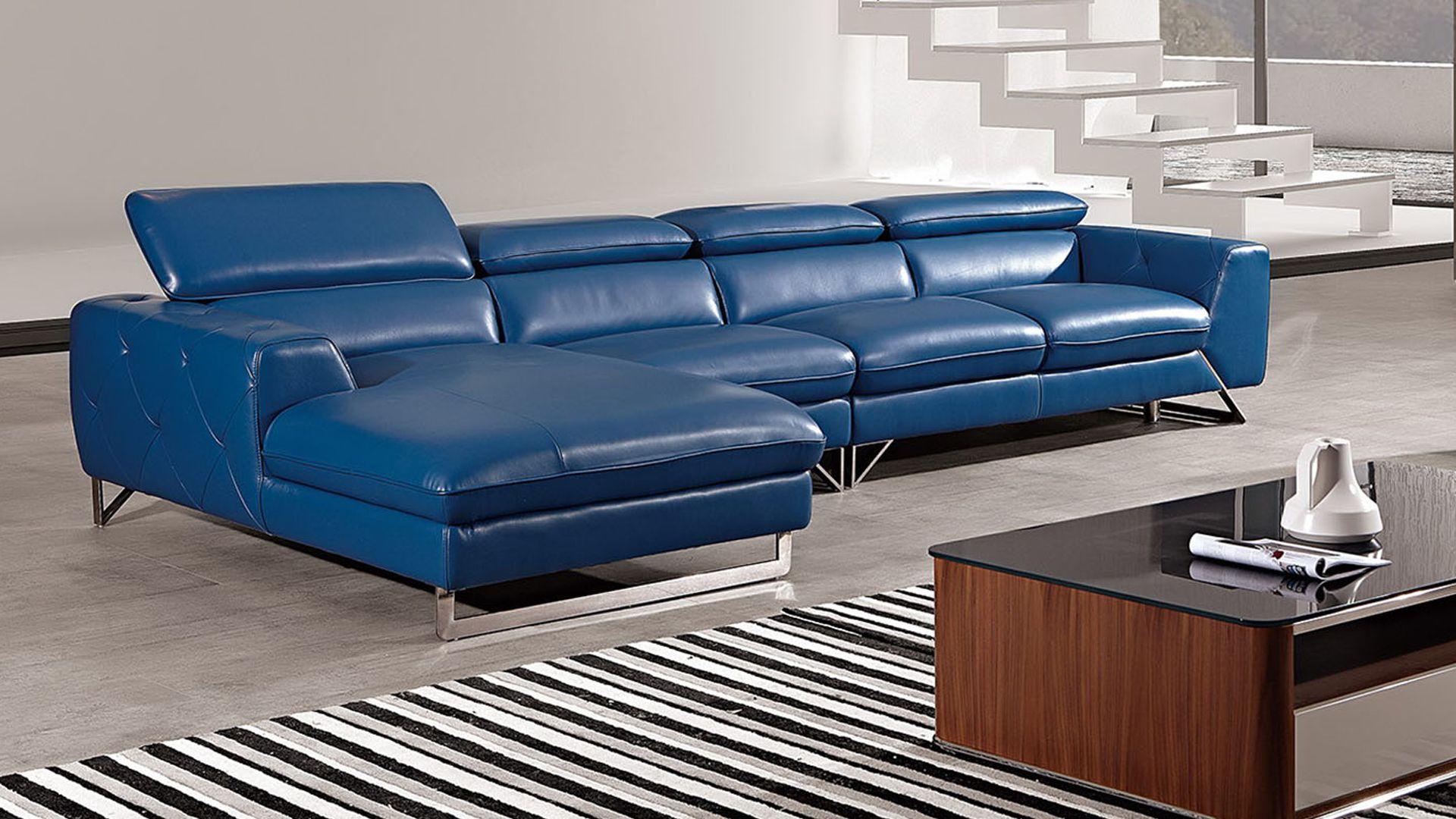 Contemporary, Modern Sectional Sofa EK-L030-BLUE EK-L030R-BLUE in Blue Full Leather