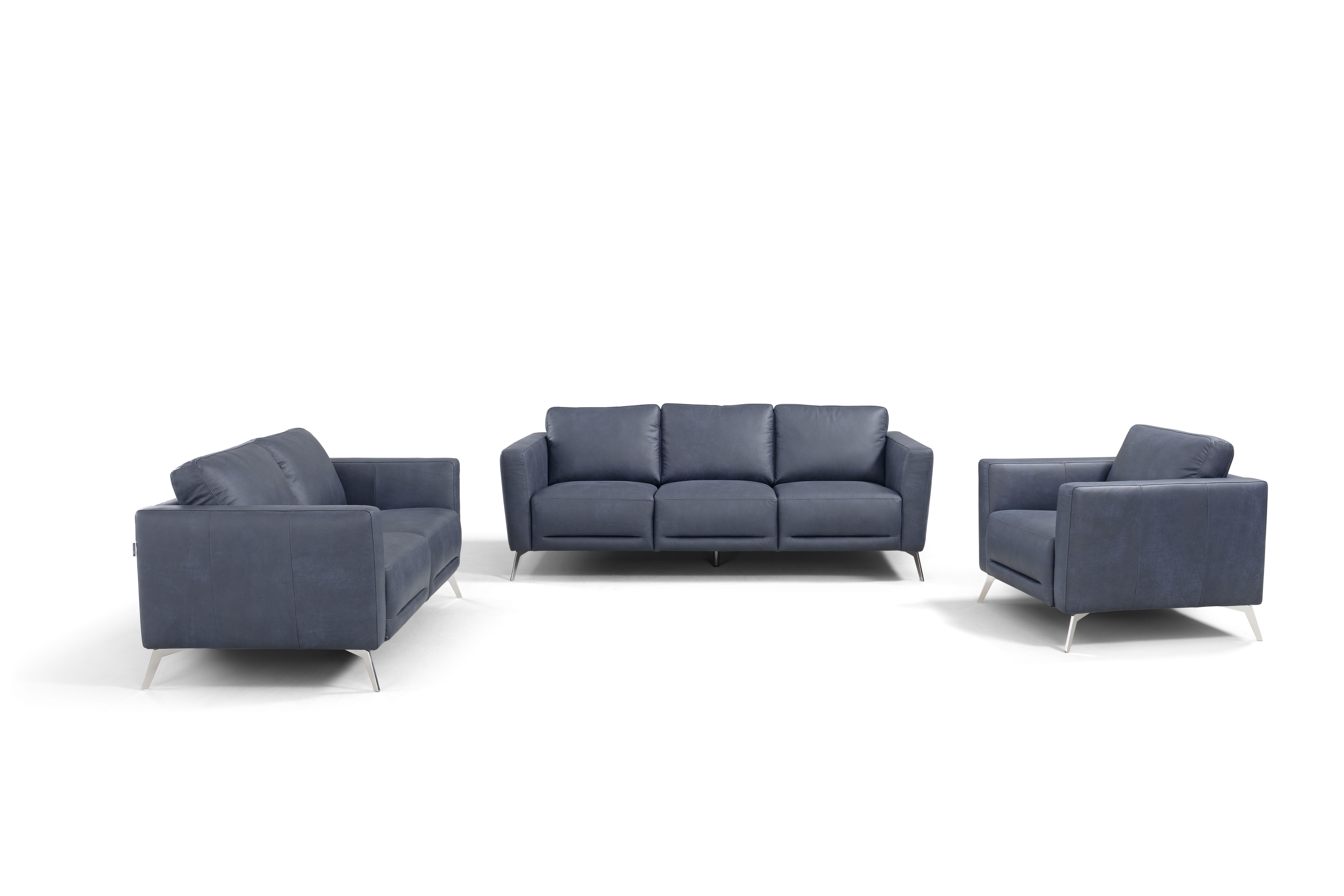 Modern Sofa Loveseat and Chair Set Astonic LV00212-3pcs in Blue Leather
