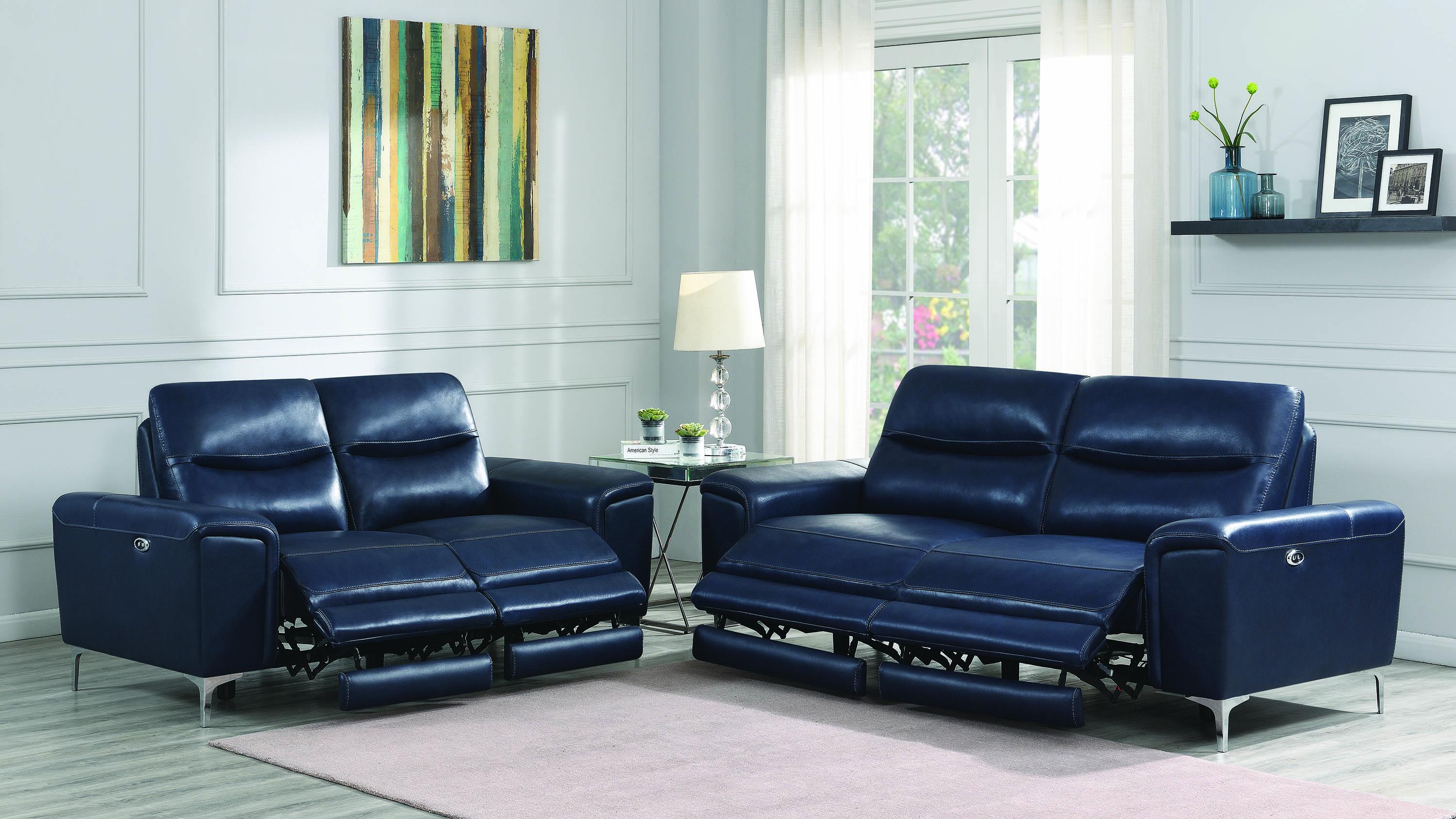 

    
 Order  Modern Blue Leather Upholstery Power loveseat Largo by Coaster
