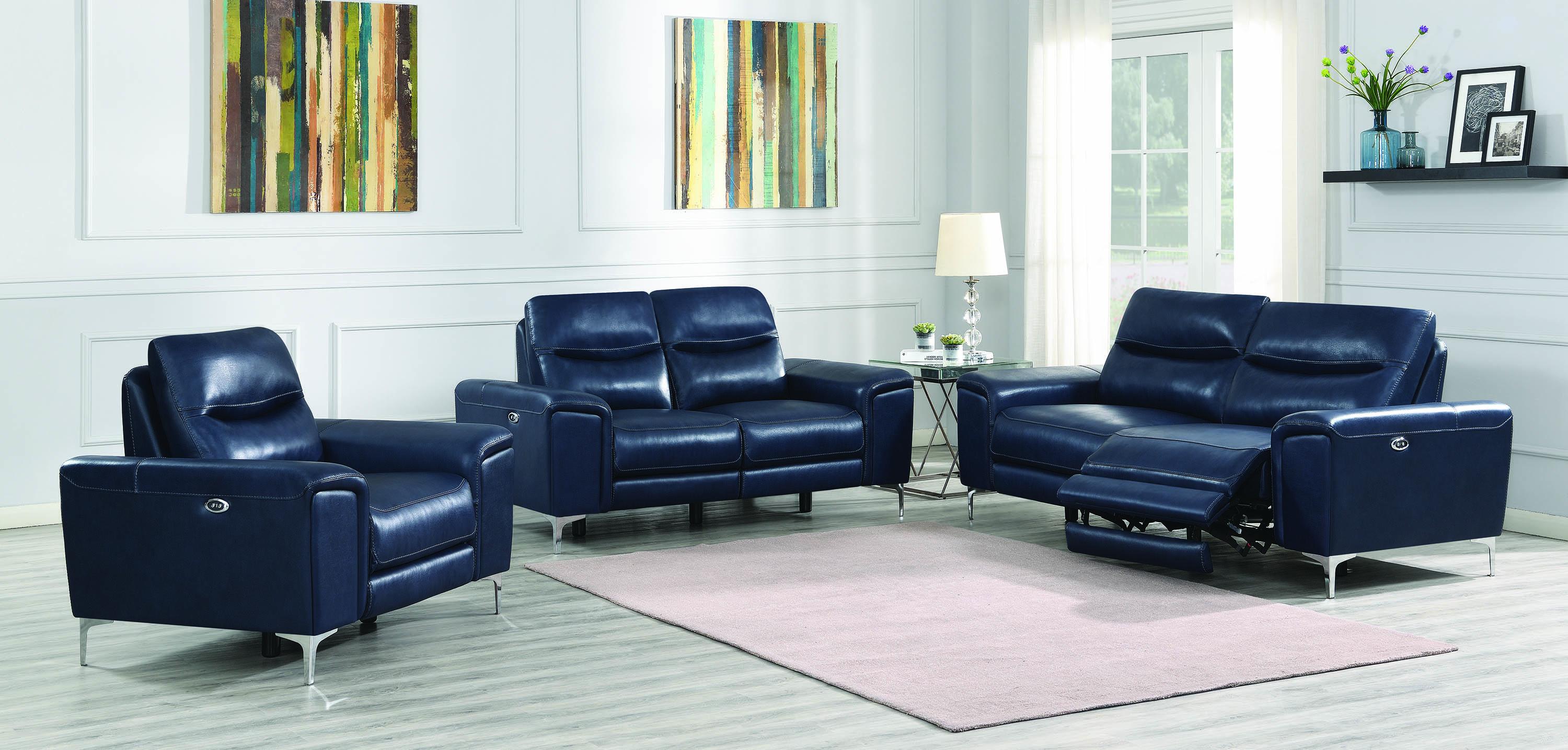

    
 Shop  Modern Blue Leather Upholstery Power loveseat Largo by Coaster
