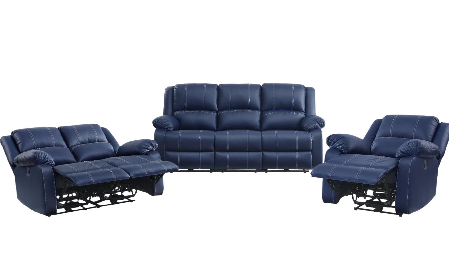 

    
Modern Blue Sofa + Loveseat + Recliner by Acme Zuriel 54615-3pcs
