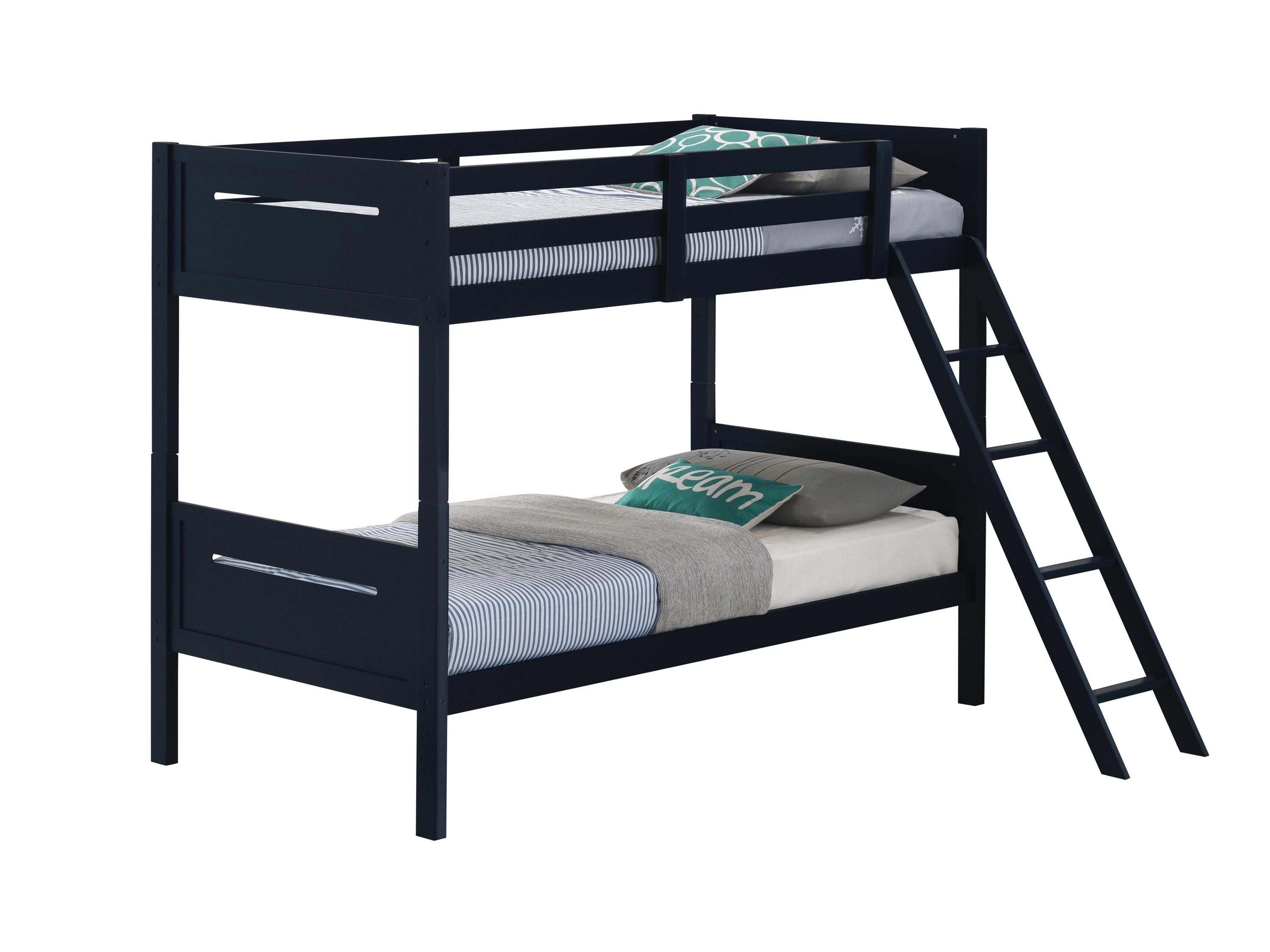 

    
Modern Blue Solid Rubberwood Twin/Twin Bunk Bed Coaster 405051BLU Littleton
