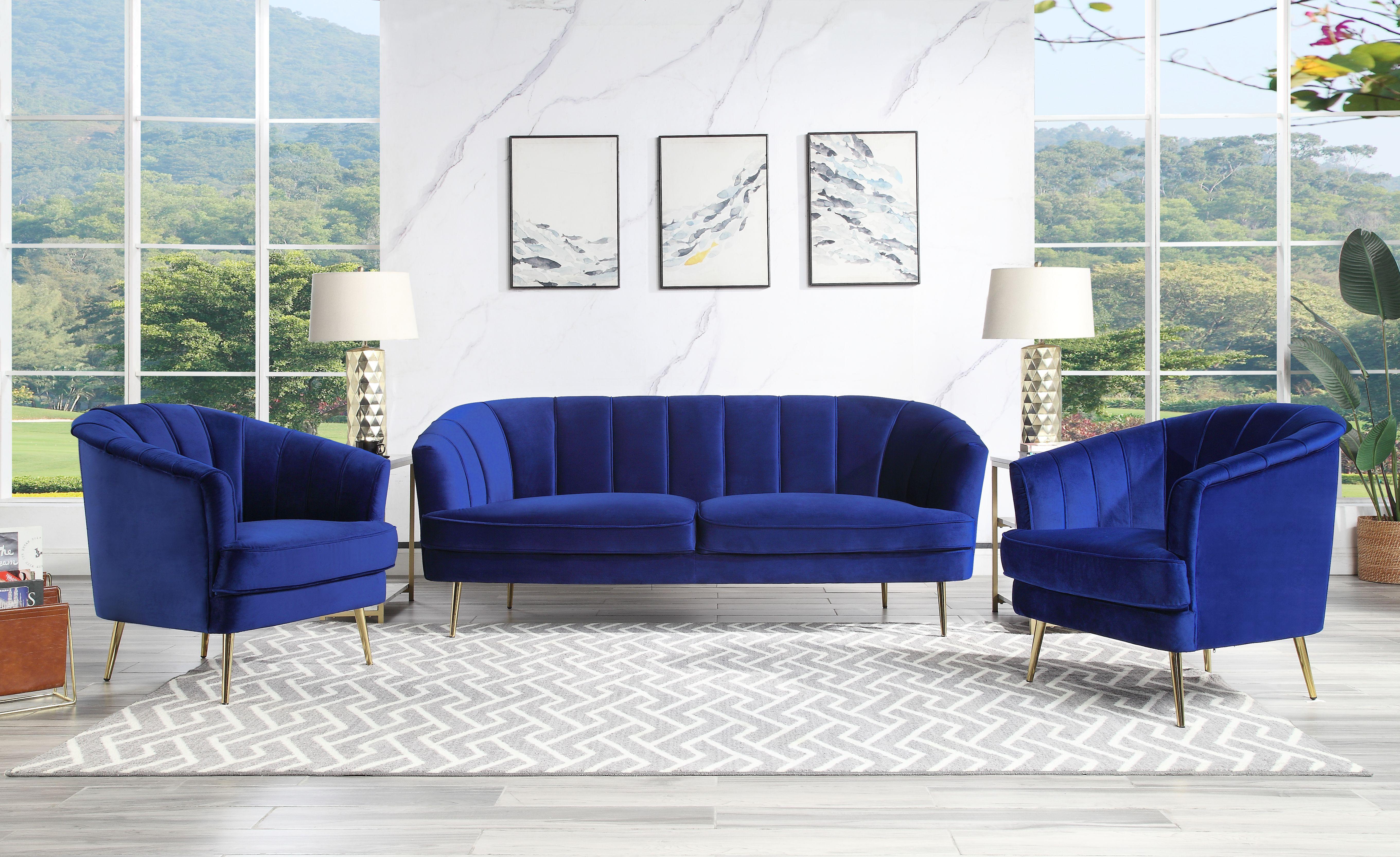 

    
 Order  Modern Blue Velvet Sofa + 2 Chairs by Acme Eivor LV00210-2pcs
