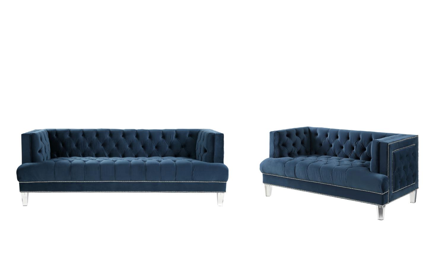 Modern Sofa and Loveseat Set Ansario 56455-2pcs in Blue Velvet