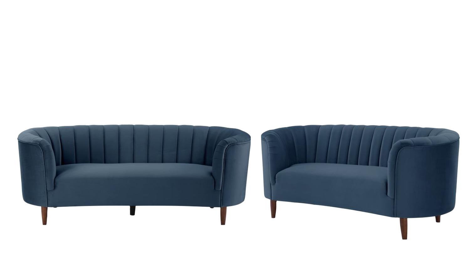 Modern Sofa and Loveseat Set Millephri LV00169-2pcs in Blue Velvet