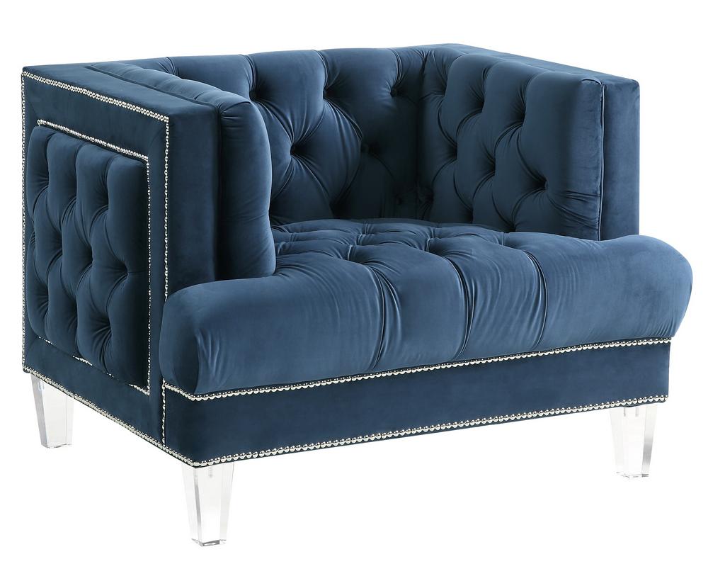 

                    
Acme Furniture Ansario Sofa Loveseat and Chair Set Blue Velvet Purchase 
