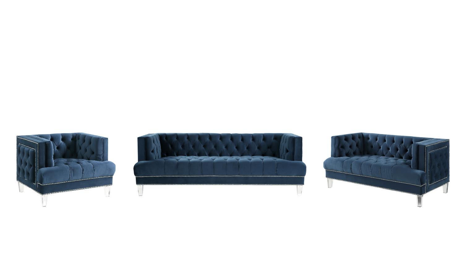 Modern Sofa Loveseat and Chair Set Ansario 56455-3pcs in Blue Velvet