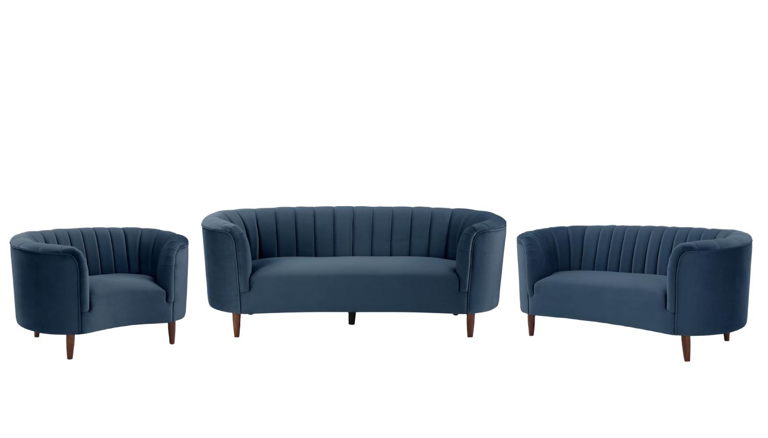 

    
Modern Blue Velvet Sofa + Loveseat + Chair by Acme Millephri LV00169-3pcs

