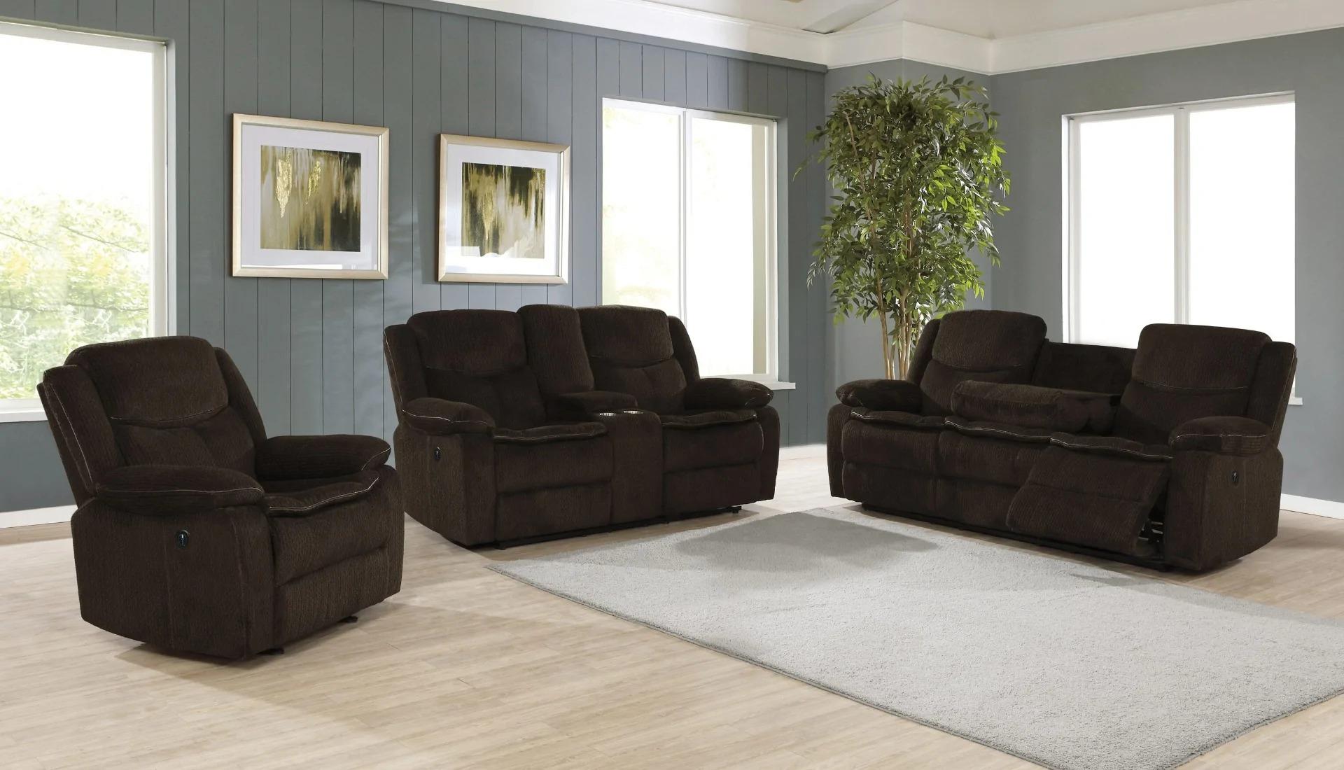 

                    
Buy Modern Brown Chenille Motion Sofa Coaster 610251 Jennings
